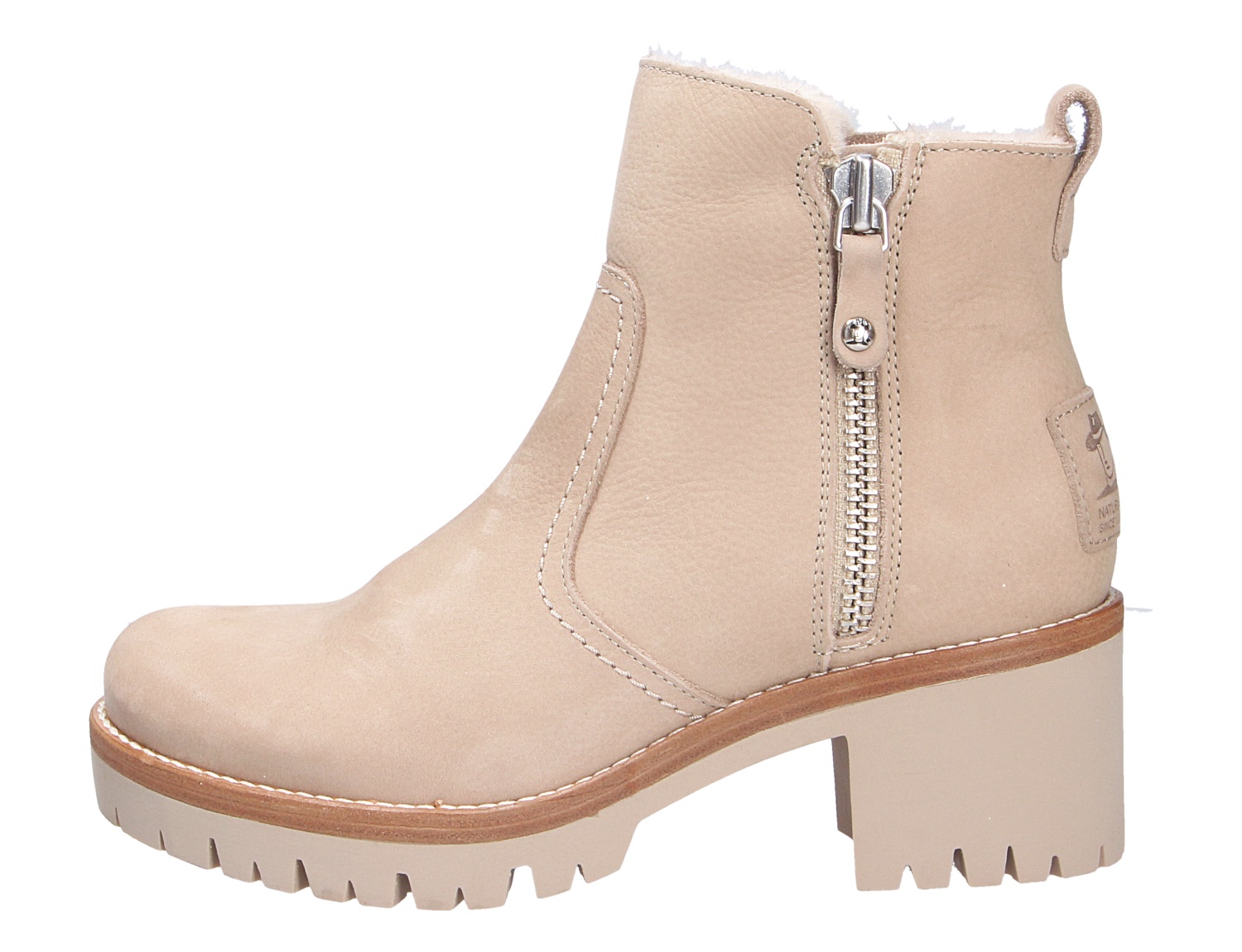Panama Jack Pauline Damen-Stiefelette in Beige aus Leder mit seitlichem Reißverschluss, warmem Innenfutter und markanter Profilsohle