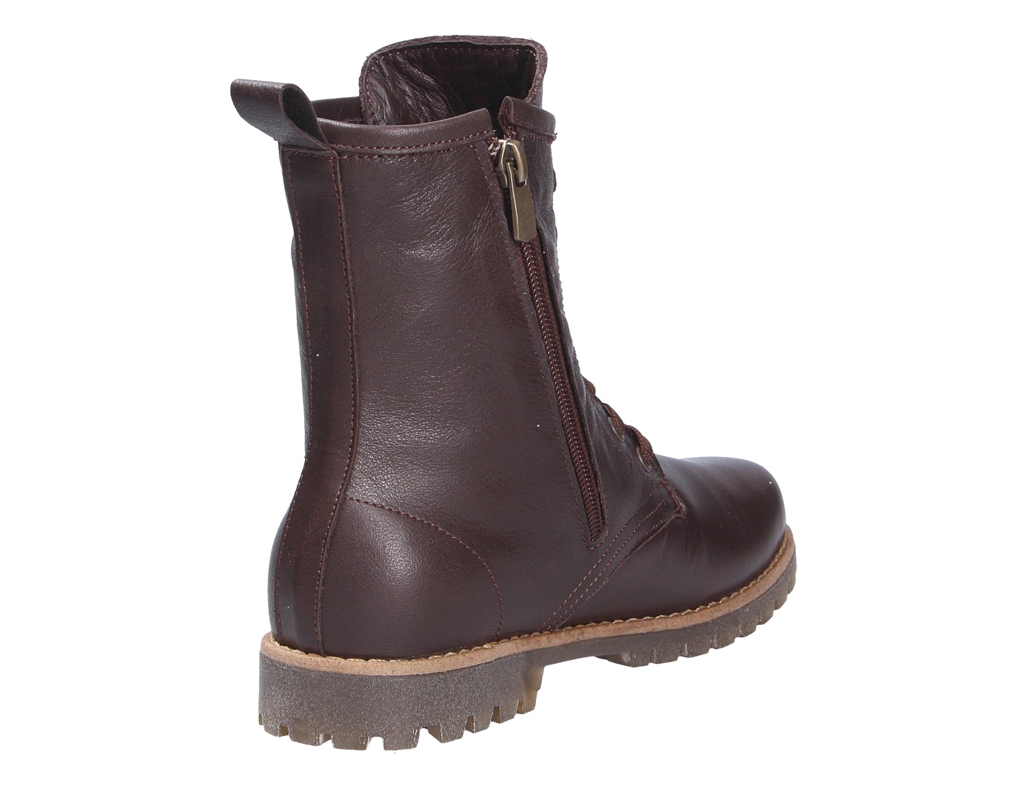 Andrea Conti Damen Stiefel aus braunem Leder, seitliche Rückansicht mit Reißverschluss, Schnürung und robuster Profilsohle