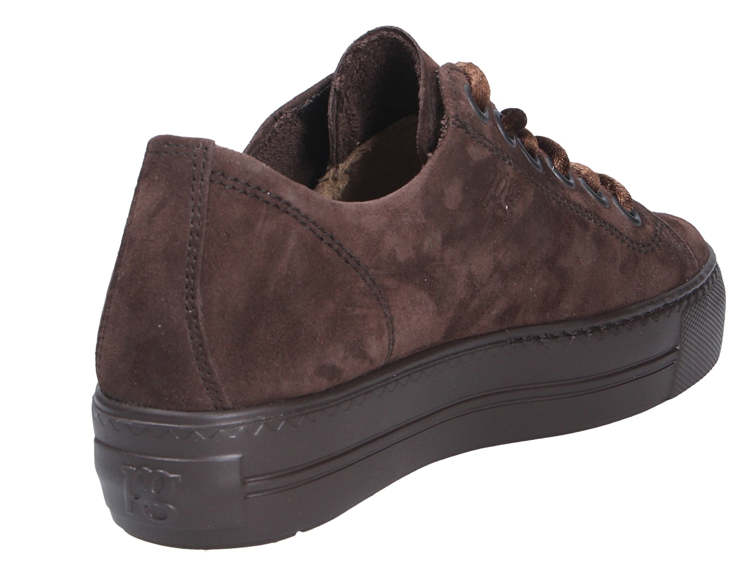 Paul Green Damen Sneaker aus braunem Veloursleder mit tonaler Schnürung und dunkler Plateausohle in seitlicher Rückansicht