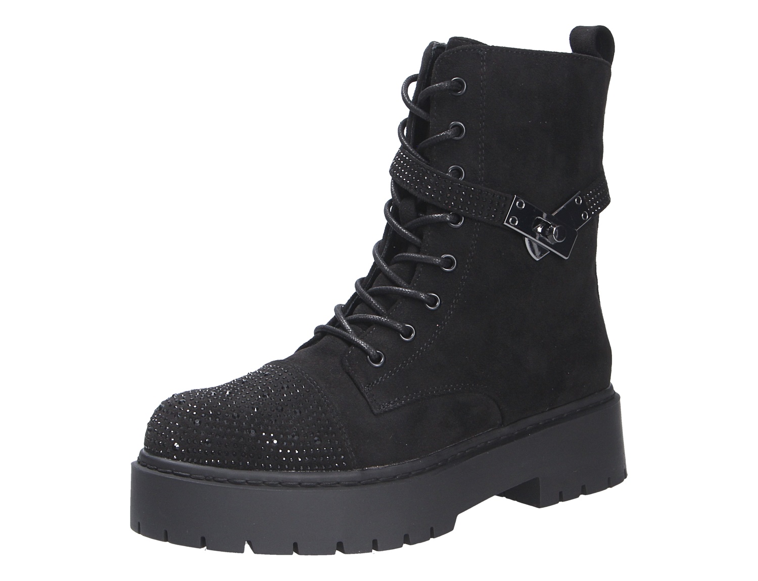 La Strada Damen Stiefel, schwarzer Schnürstiefel mit Strassbesatz, Zierband und robuster Plateausohle