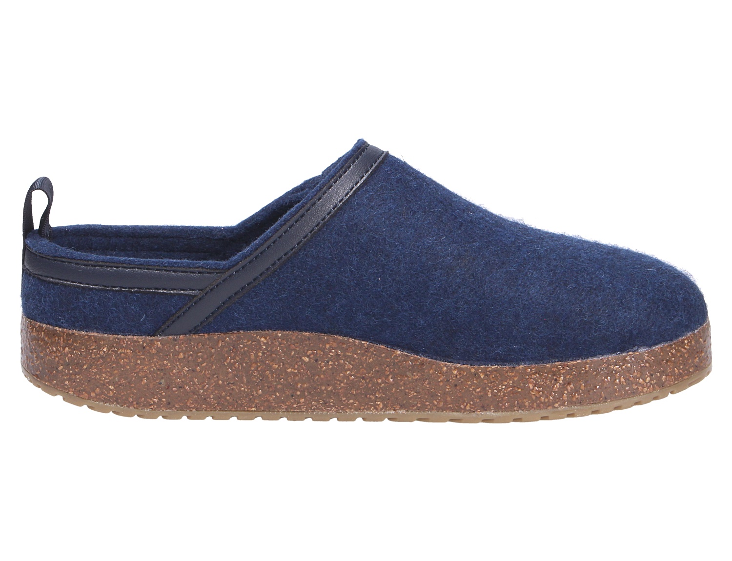 Seitliche Ansicht des Giesswein WOOL CLOG in Dunkelblau, bequemer Woll-Clog mit robuster Korksohle