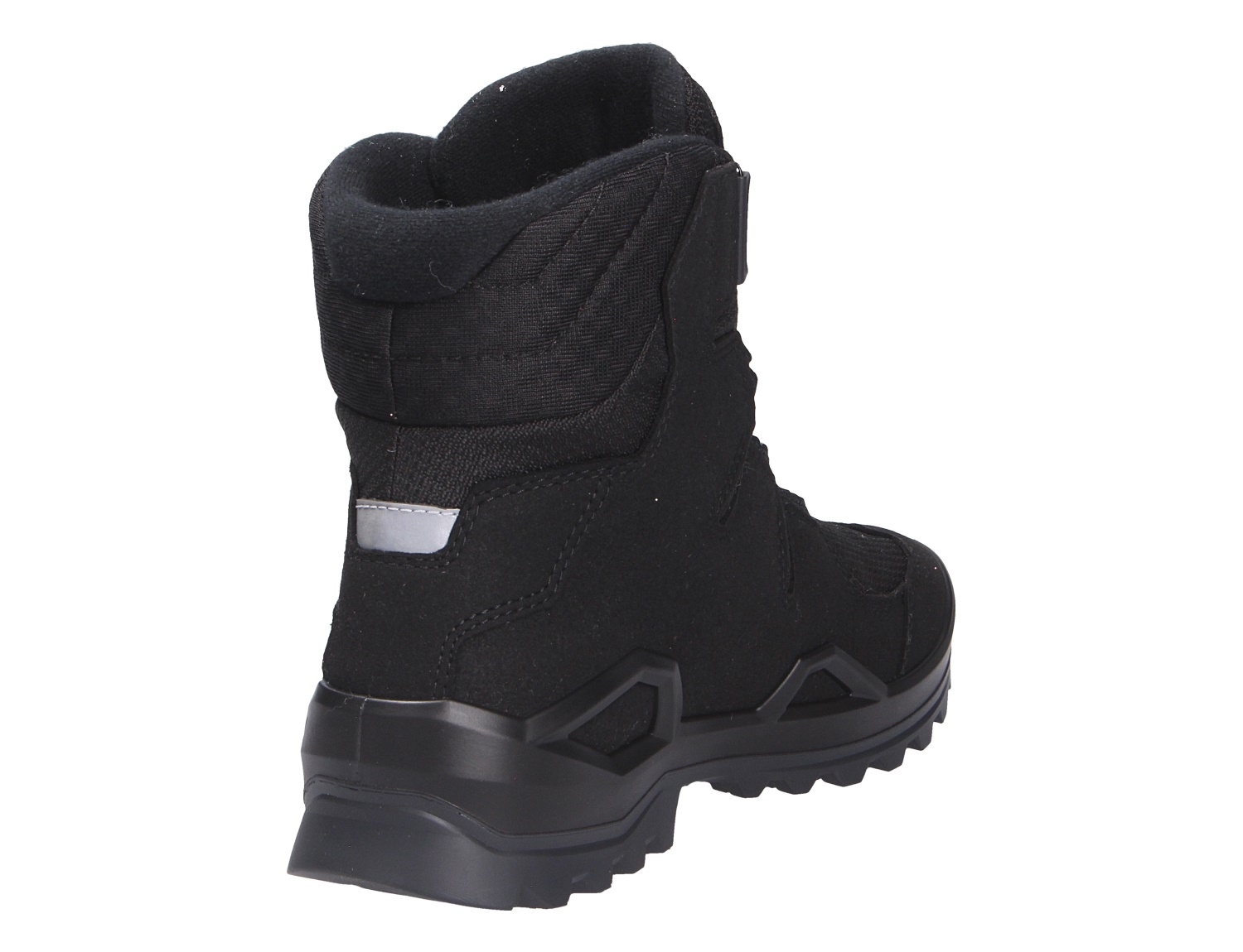 Rückansicht des schwarzen Lowa MILO EVO GTX HI BOA JR Kinder-Winterstiefels mit hohem Schaft und robuster Profilsohle