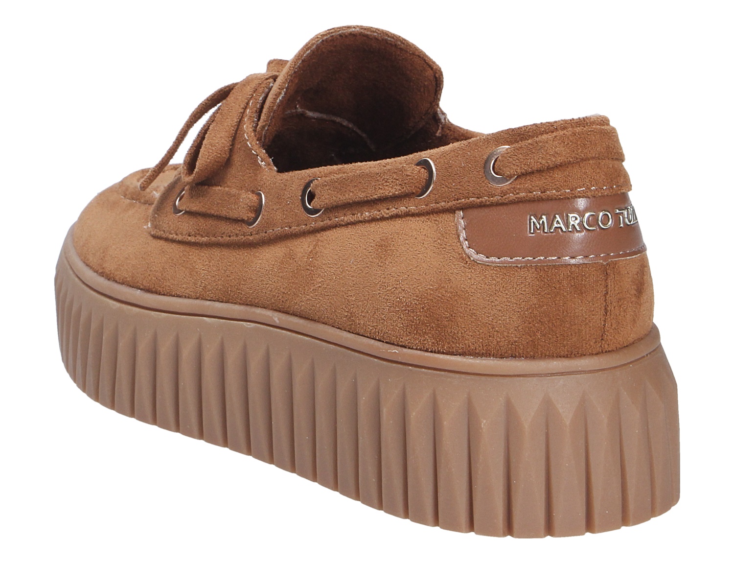 Marco Tozzi Damen Schnürschuhe in Braun aus Velourslederoptik mit markanter Plateausohle, Schnürung und Logo an der Ferse, Rückansicht