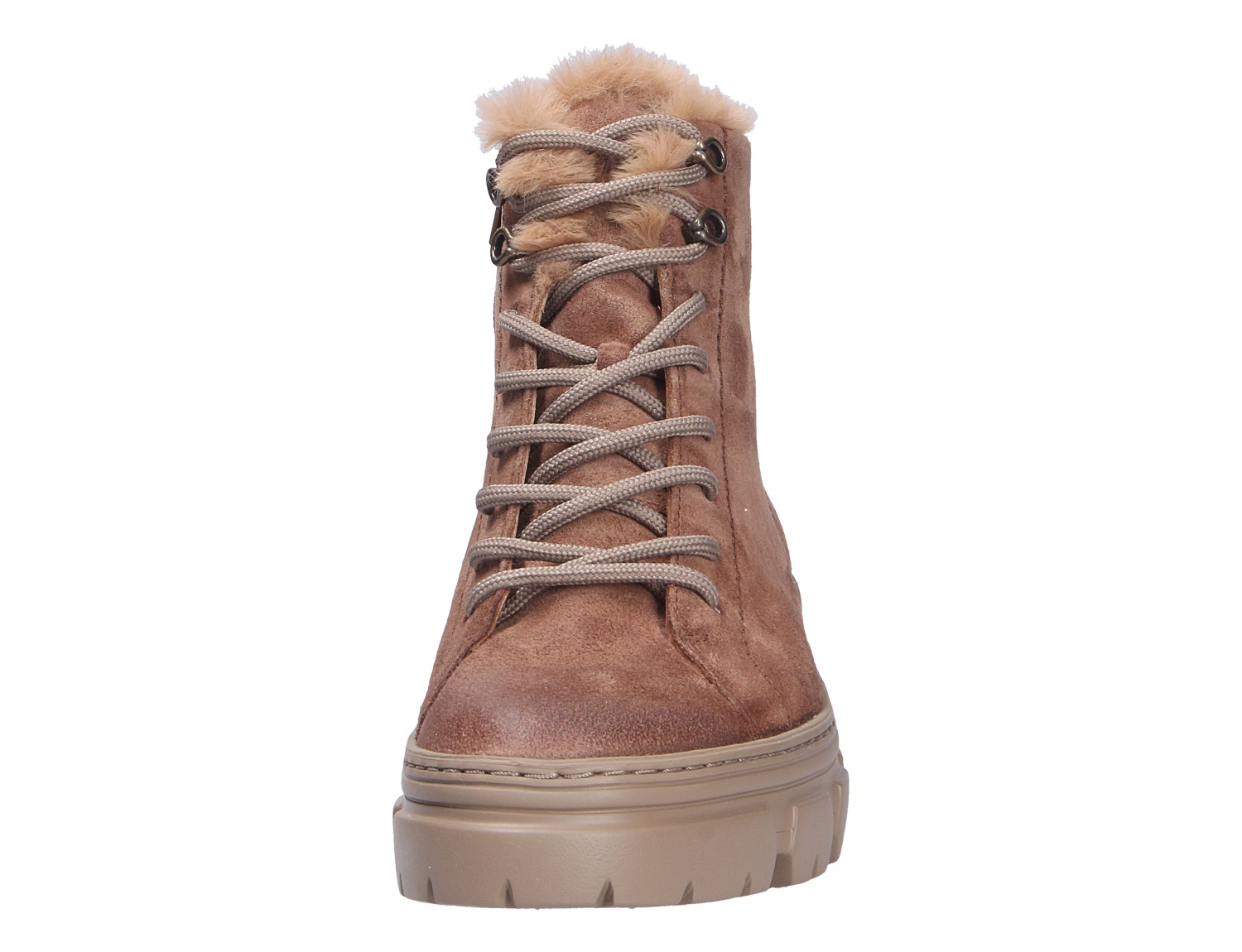 Frontansicht der Paul Green Damen Stiefel: brauner Veloursleder-Stiefel mit Schnürung, warmem Futter und markanter Profilsohle