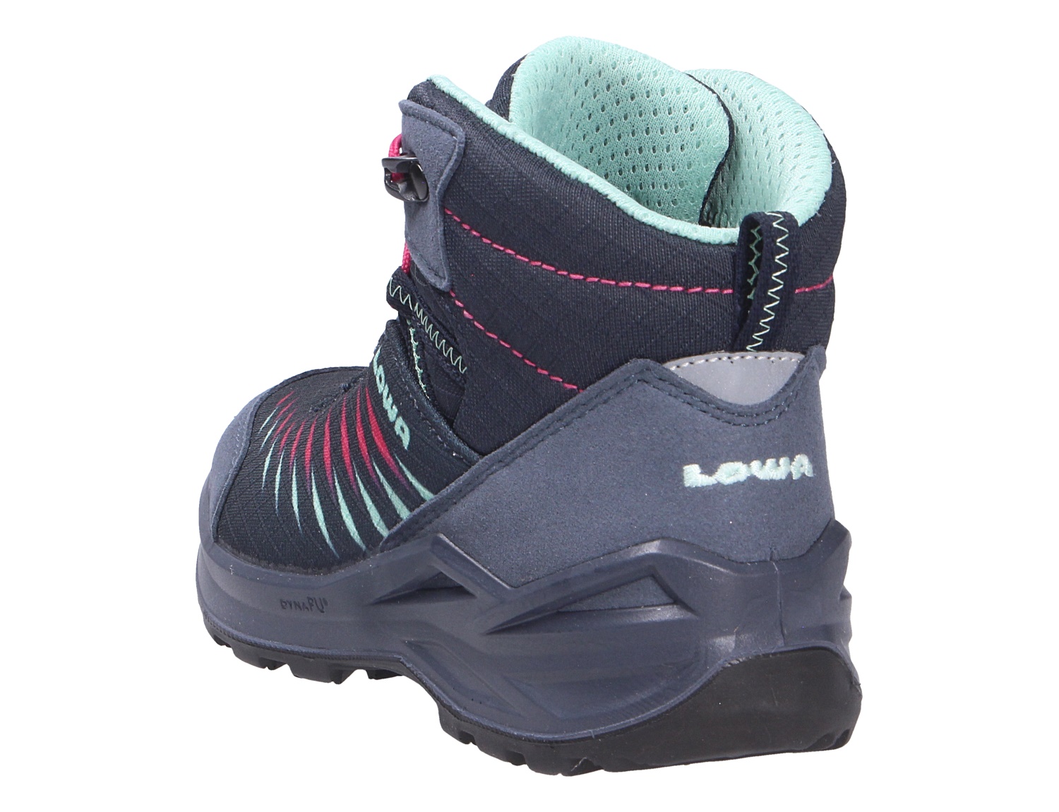Lowa ZIRROX II GTX MID JR Kinder-Wanderschuh in Navy mit pinken und türkisen Details, Mid-Cut, Rück- und Seitenansicht