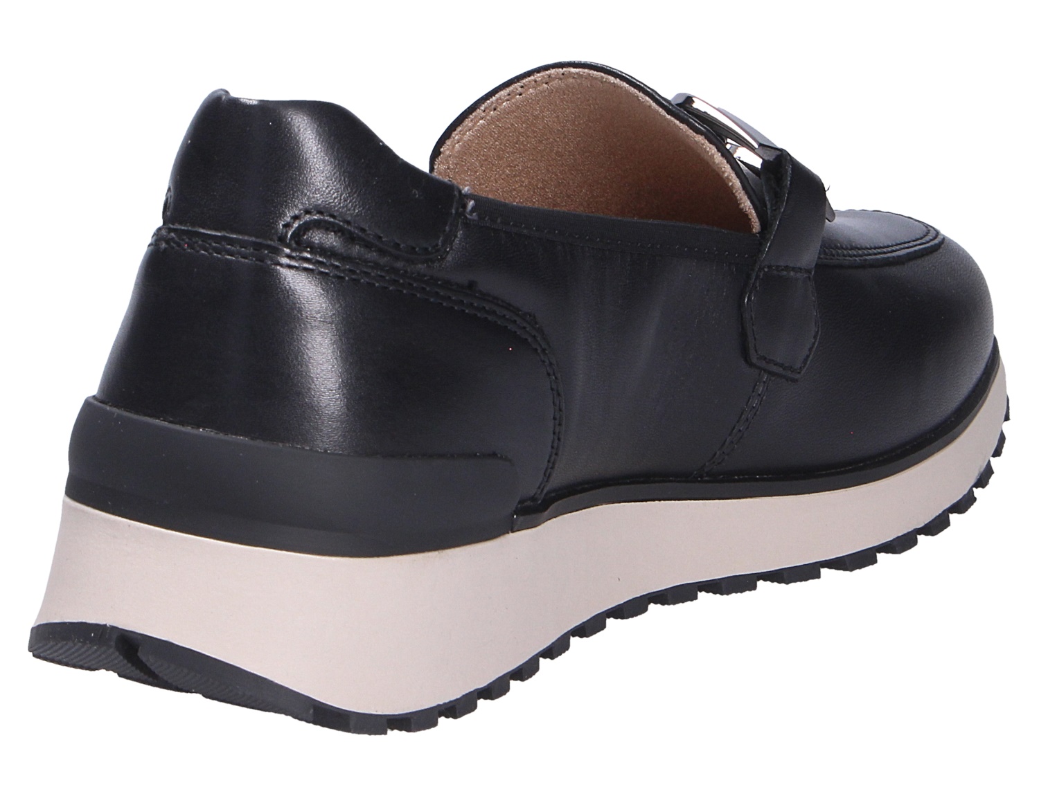Caprice Damen Slipper in Schwarz, elegante Keilsohle und seitliche Schnalle, gezeigt in Rück- und Seitenansicht