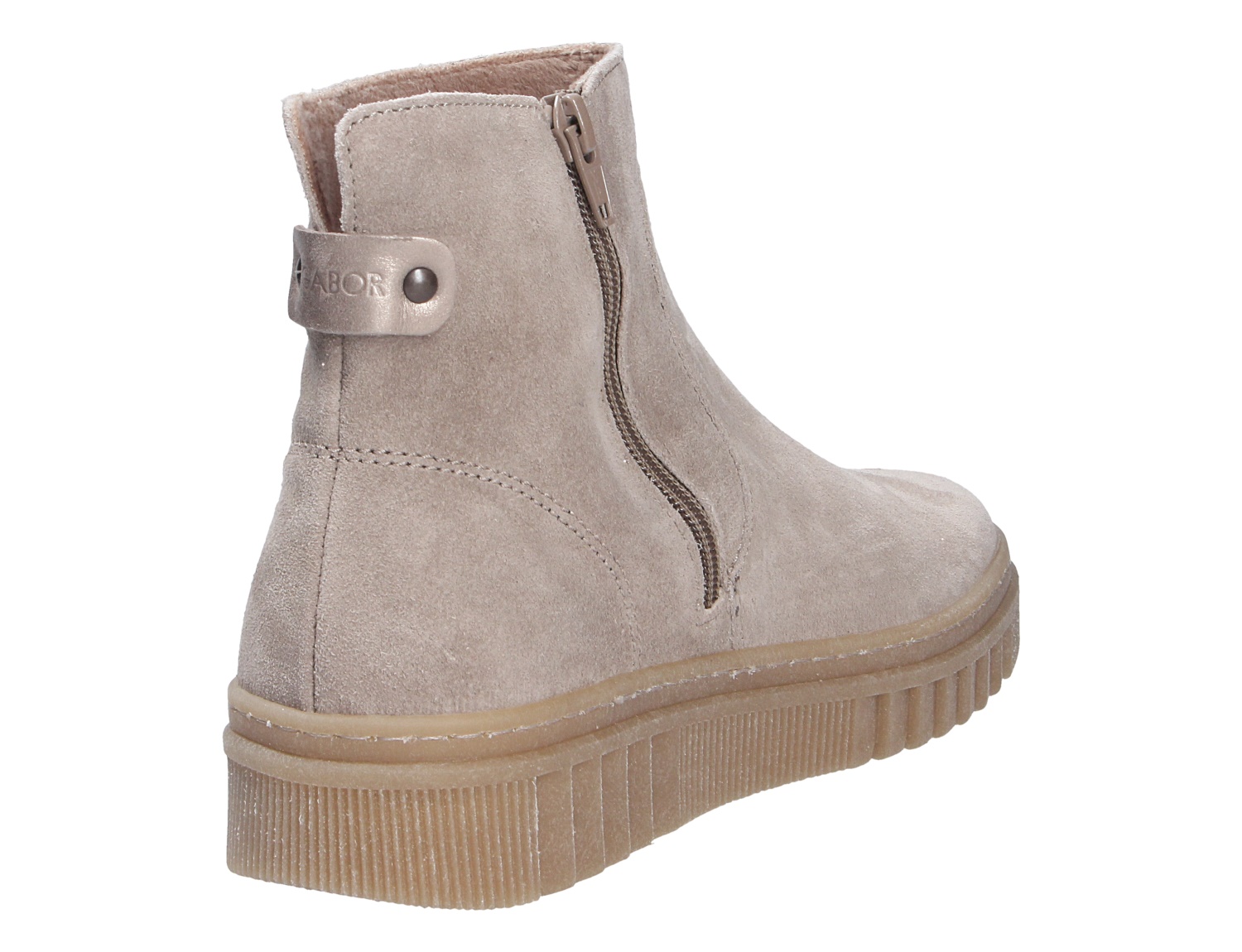 Gabor Damen Stiefel in Beige aus Veloursleder, seitliche Rückansicht mit Reißverschluss, Logo-Detail und profilierter Plateausohle