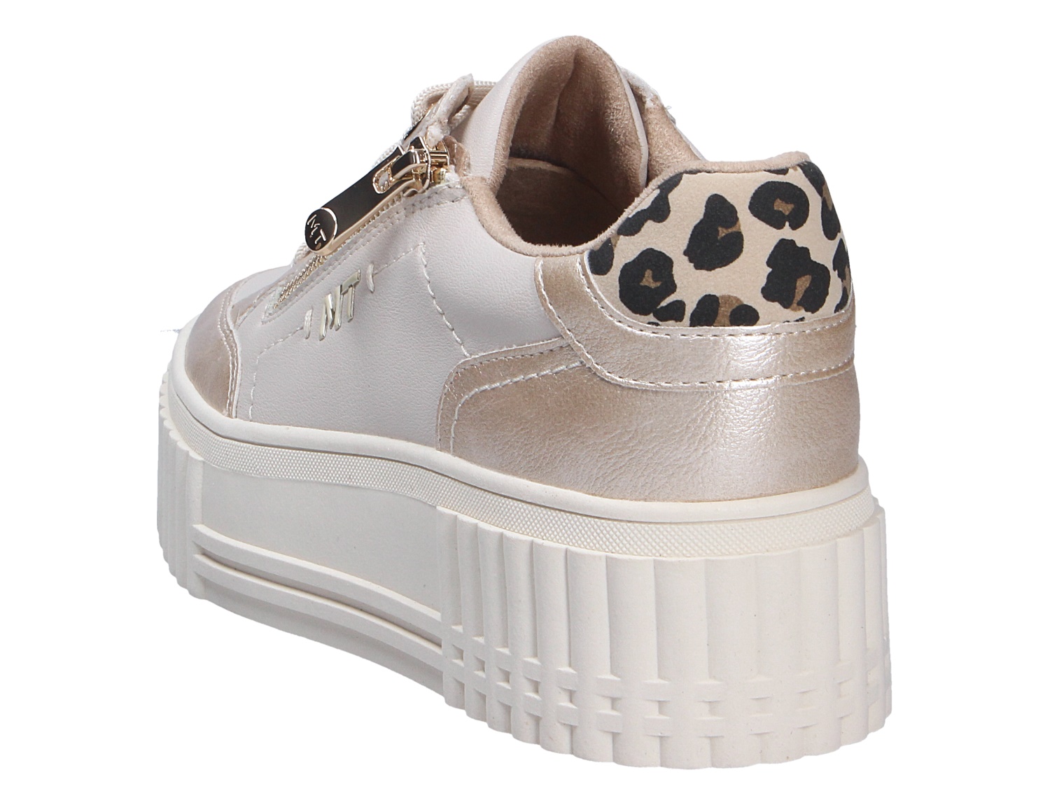 Marco Tozzi Damen Sneaker, Rückansicht in Champagner mit seitlichem Reißverschluss, weißer Plateausohle und Leopardenmuster an der Ferse