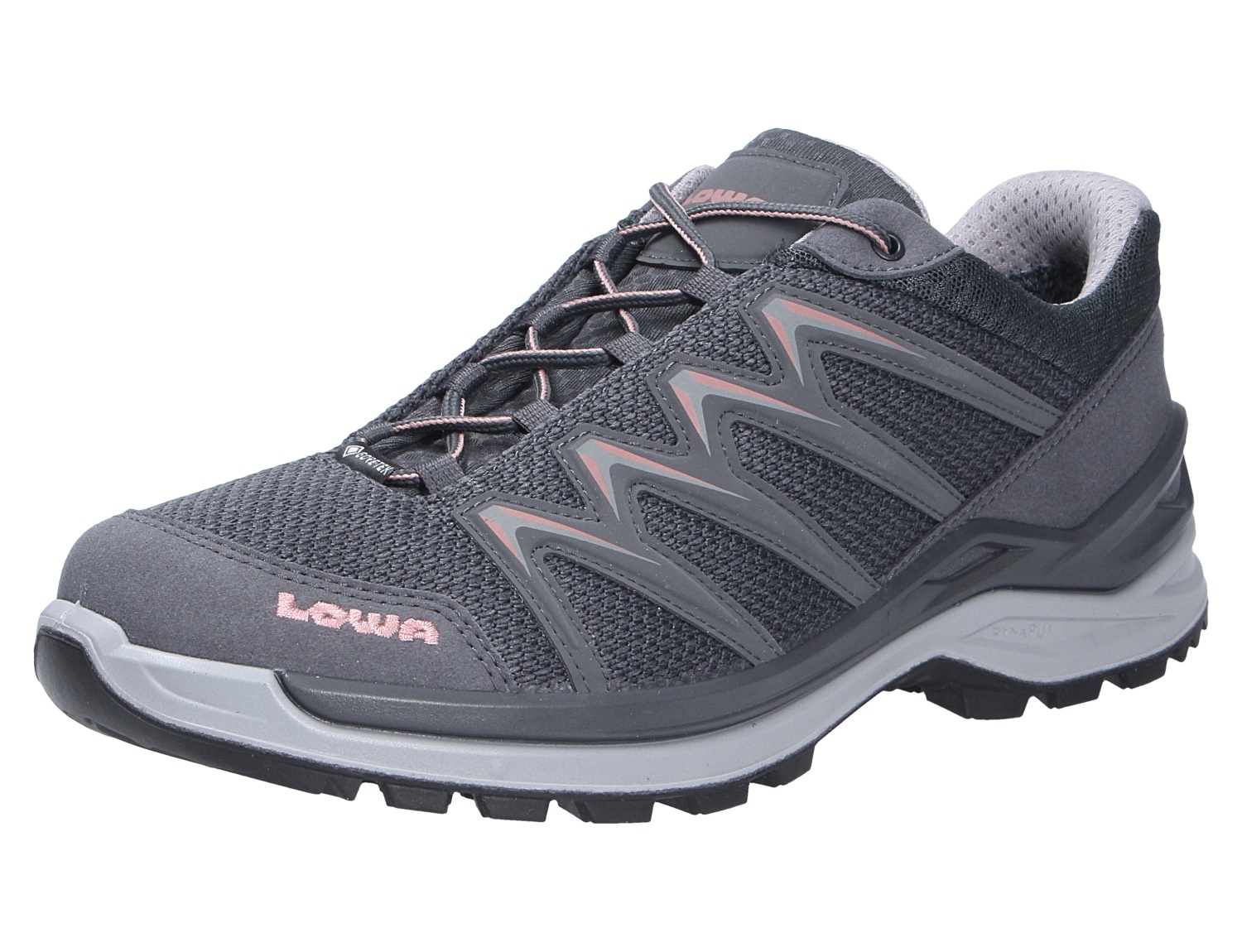 Lowa INNOX PRO GTX LO Ws Damen-Outdoorschuh in Grau mit GORE-TEX, niedriger Schnitt und griffiger Sohle, seitliche Ansicht