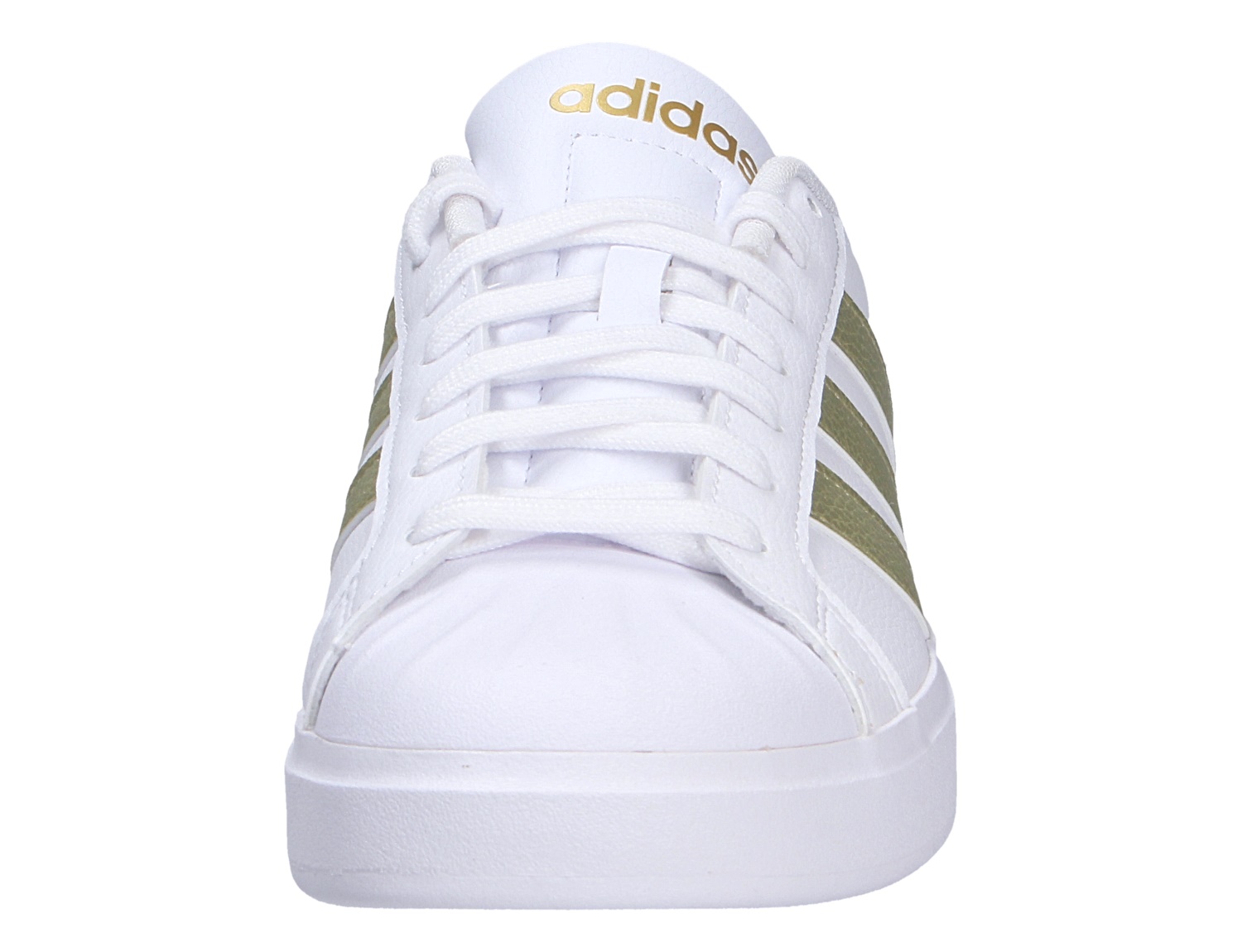 Frontansicht des Adidas STREETTALK Sneakers in Weiß mit olivgrünen 3-Streifen, weißer Schnürung und goldfarbenem Logo auf der Zunge