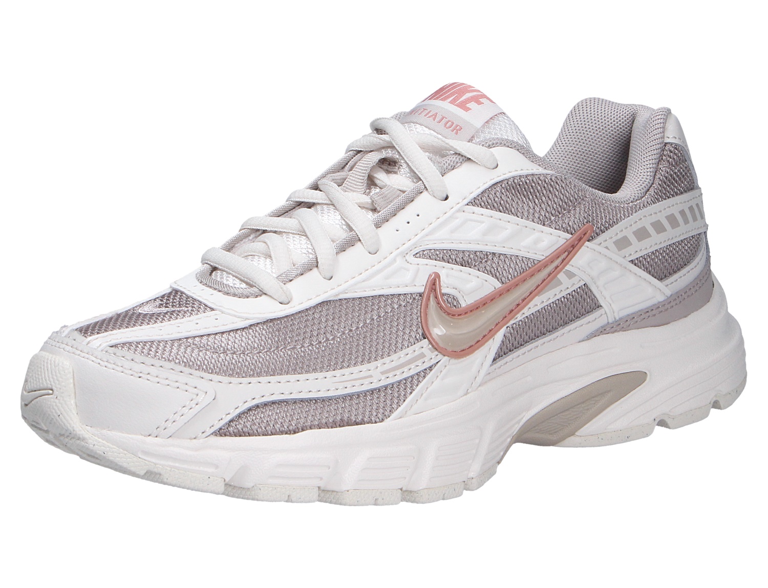 Nike Initiator Sneaker in Weiß mit roségoldenen Akzenten und Mesh-Obermaterial, sportlicher Freizeitschuh in Seitenansicht