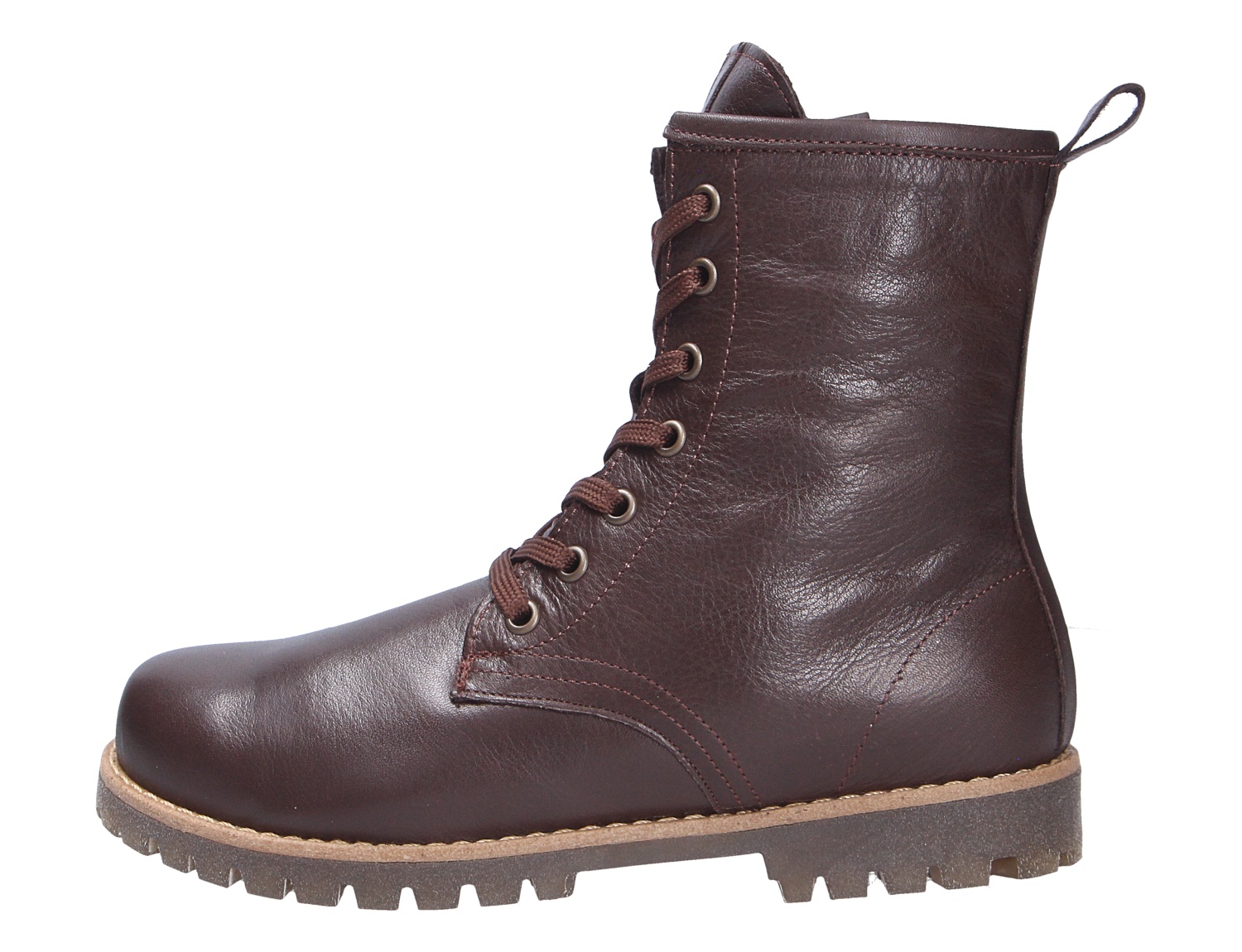 Andrea Conti Damen Stiefel aus braunem Leder, knöchelhoch mit Schnürung, Zuglasche und robuster Profilsohle in seitlicher Ansicht