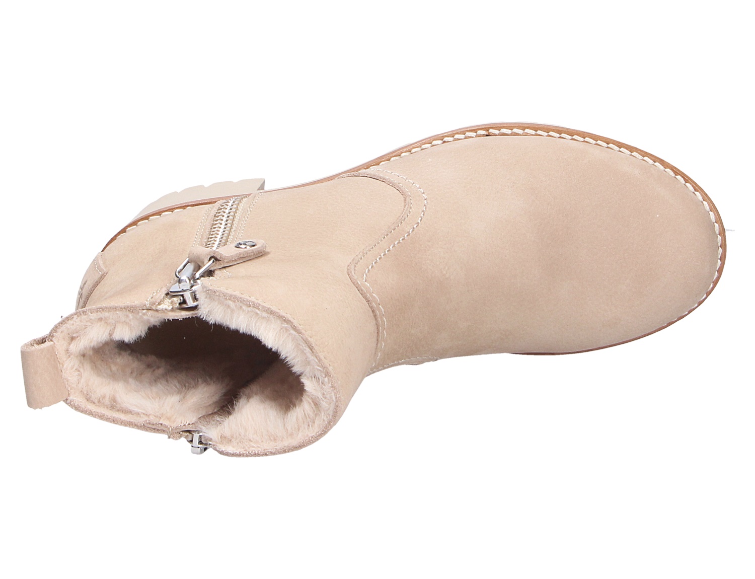 Panama Jack Pauline Damen-Stiefelette in Beige, Draufsicht auf Lederboot mit weichem Innenfutter und seitlichem Reißverschluss