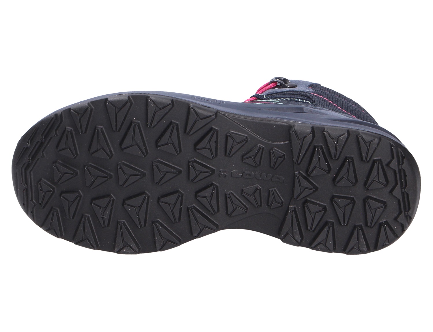 Ansicht der schwarzen Profilsohle des Lowa ZIRROX II GTX MID JR Kinder-Wanderschuhs mit griffigem Outdoor-Profil.