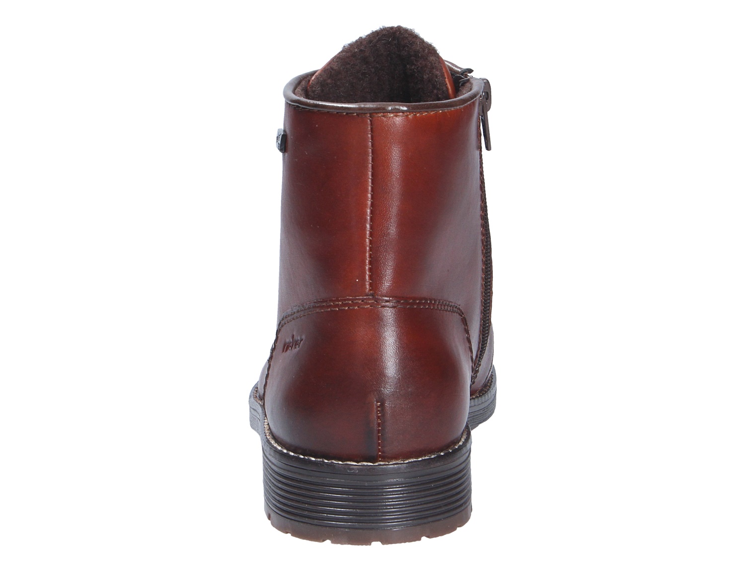 Rieker Herren Stiefel in Braun, Rückansicht eines knöchelhohen Boots mit Reißverschluss, warmem Innenfutter und robuster Sohle
