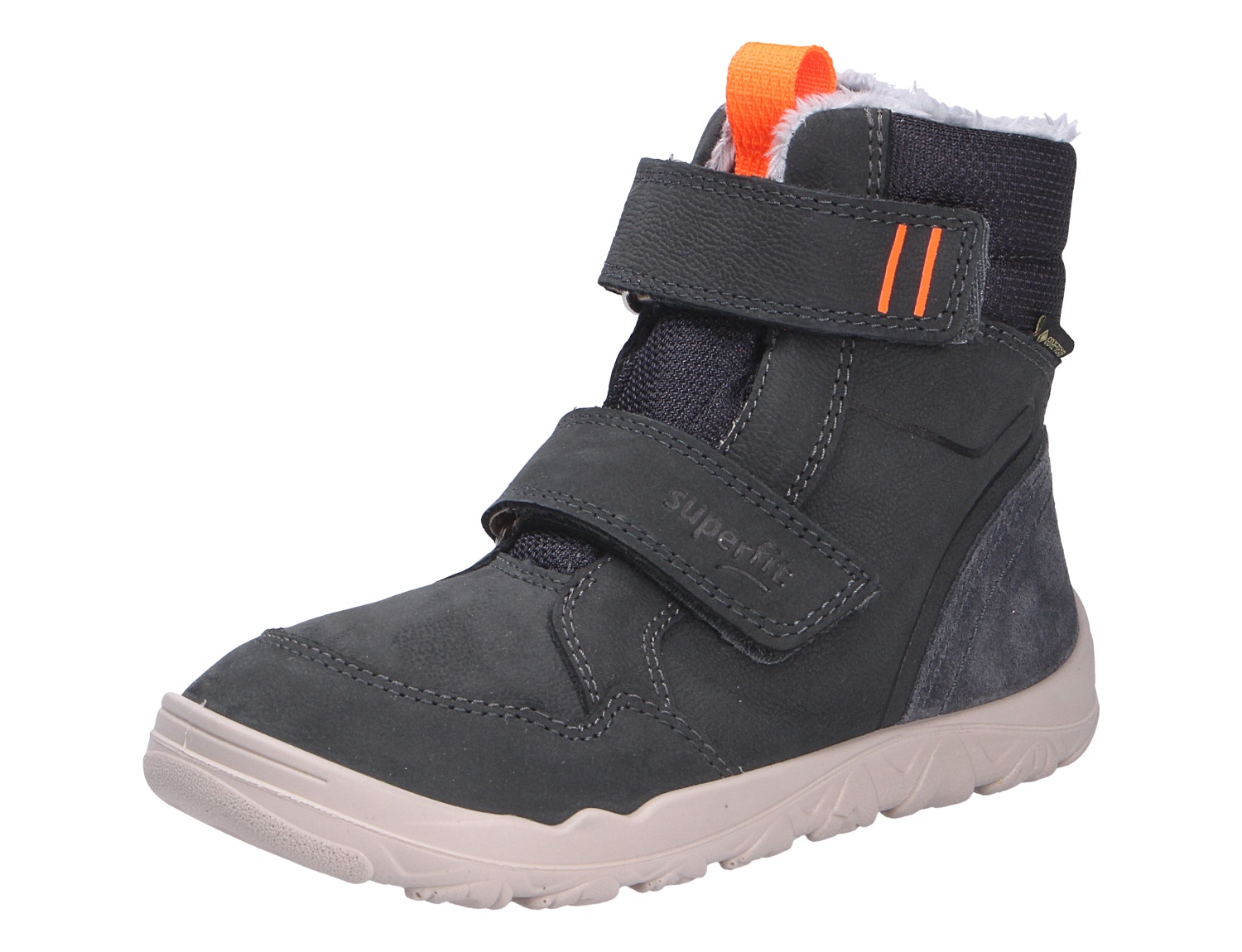 Superfit WALDERI Kinder-Winterstiefel in Dunkelgrau, gefütterter Boot mit zwei Klettverschlüssen, heller Sohle und orangefarbenen Details