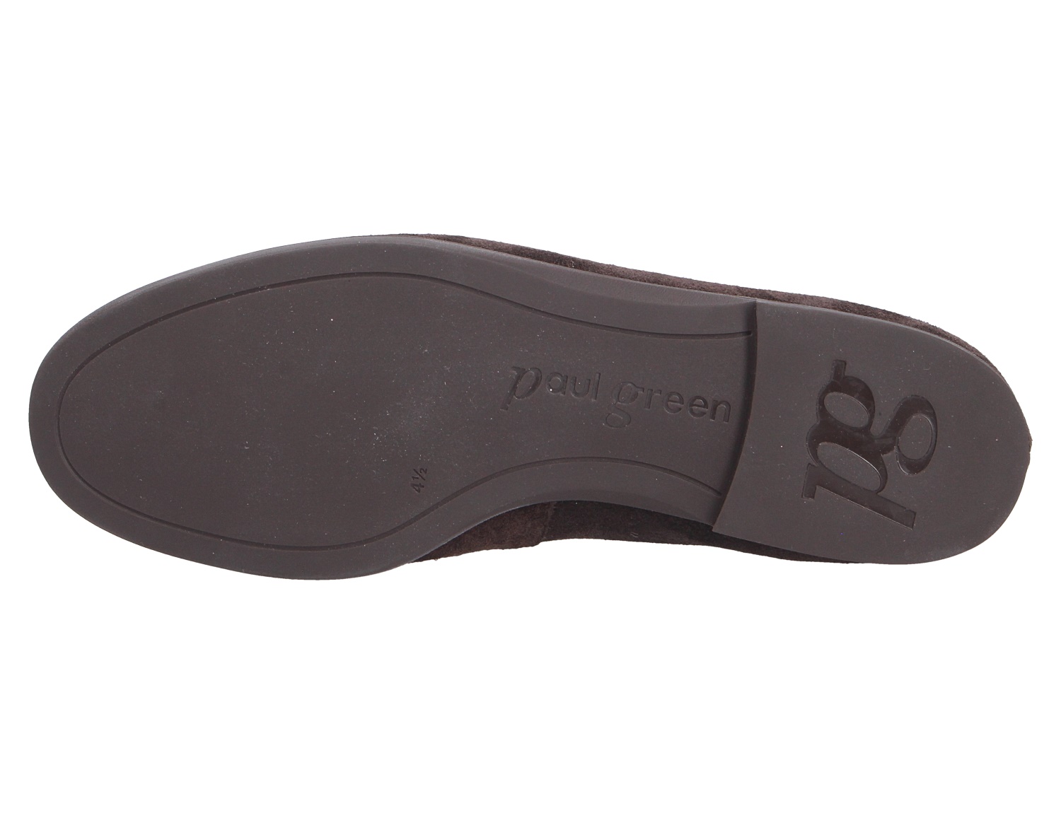 Unterseite eines Paul Green Damen Slippers mit glatter dunkler Laufsohle und geprägtem Paul Green Logo in der Ferse