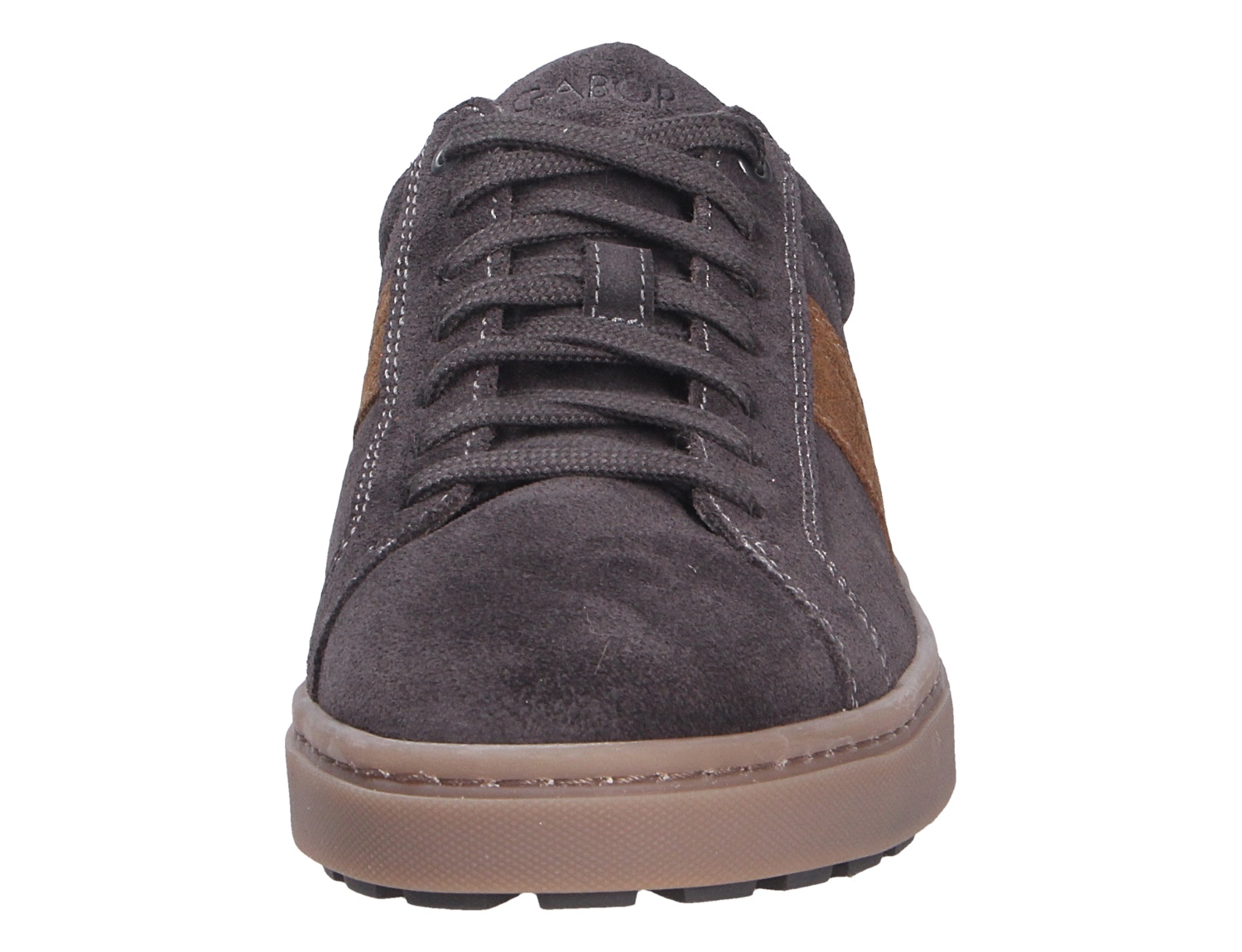 Frontansicht des Pius Gabor Herren Sneakers aus dunkelgrauem Veloursleder mit Schnürung und heller Gummisohle