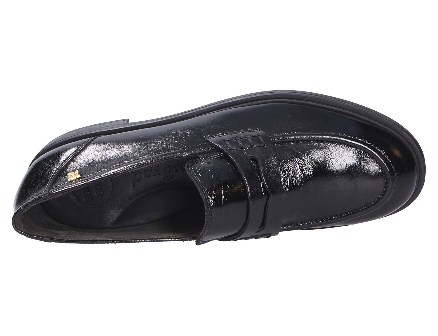 Paul Green Damen Slipper aus schwarzem Lackleder mit Zierspange und markanter Mokassin-Naht in Draufsicht