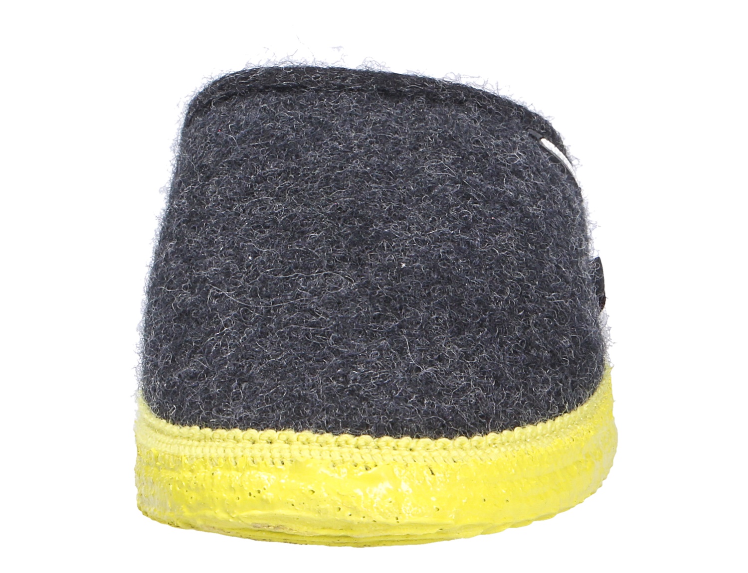 Rückansicht des Giesswein WOOLPOPS Hausschuhs aus dunkelblauer Wolle mit auffälliger gelber Sohle