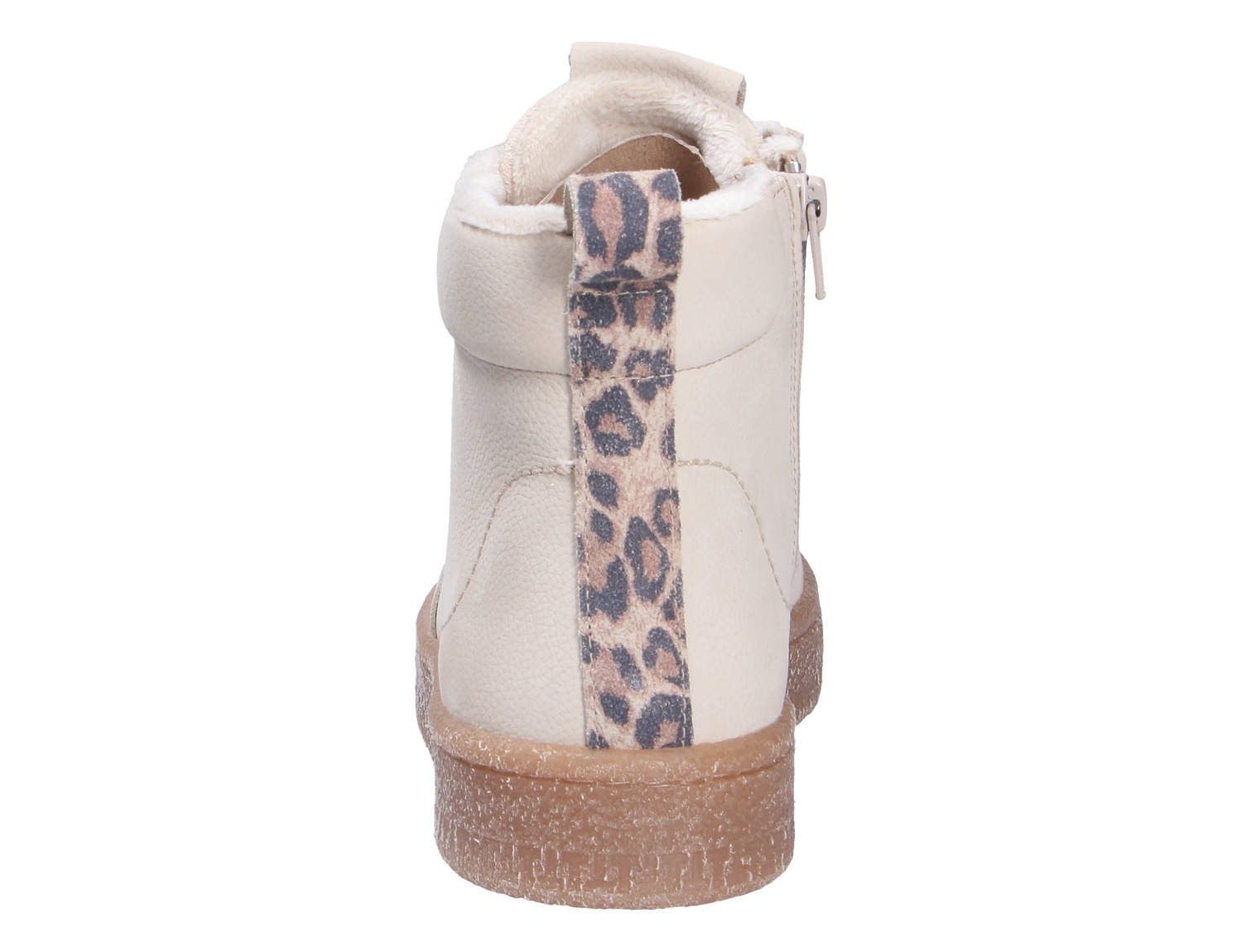 Rückansicht des Tamaris Damen Sneakers in Creme mit seitlichem Reißverschluss, warmer Fütterung, brauner Sohle und Leoparden-Detail an der Ferse