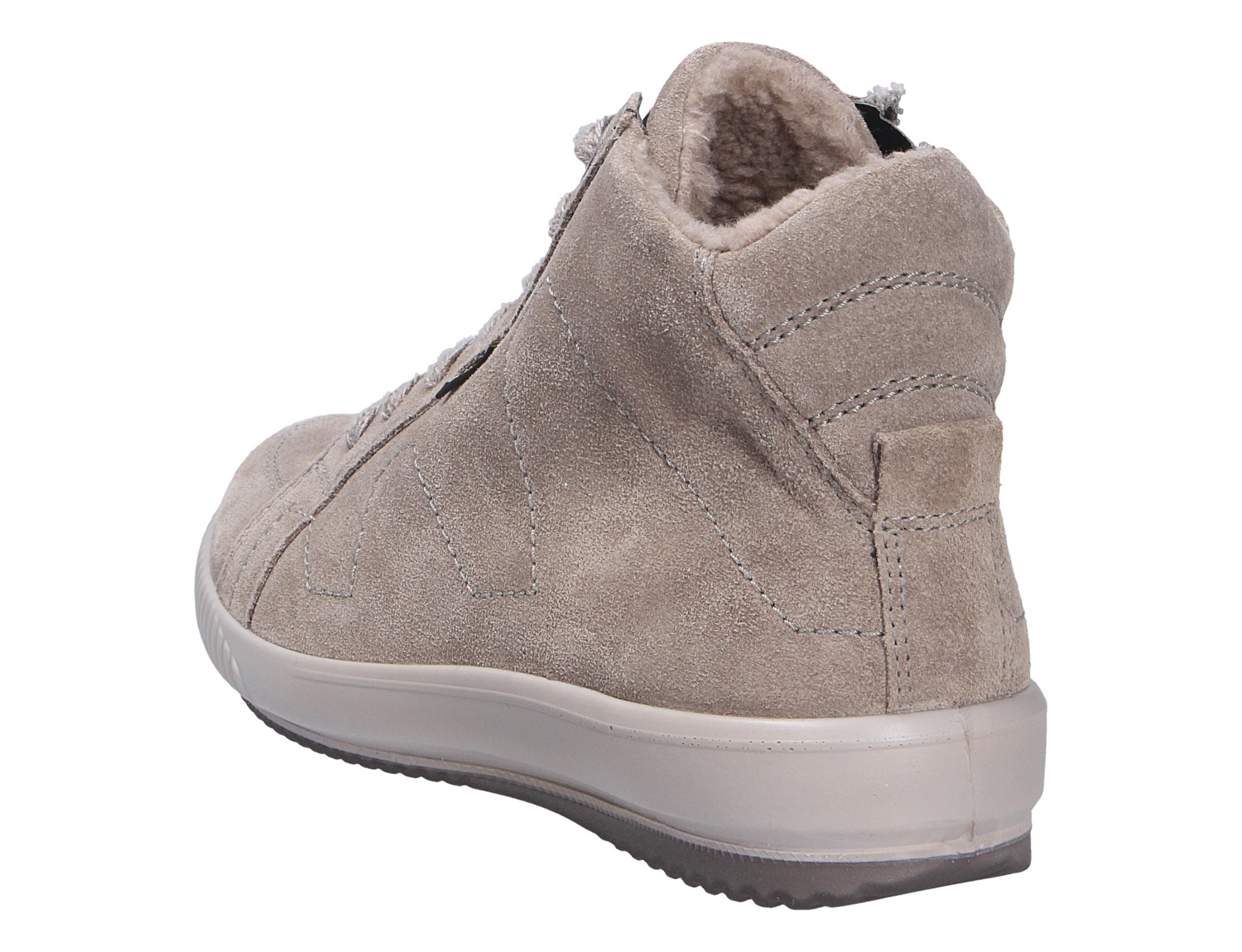 Rückansicht des Legero TANARO 5.0 Damen-Sneakers aus beigefarbenem Veloursleder mit weichem Warmfutter und heller Sohle