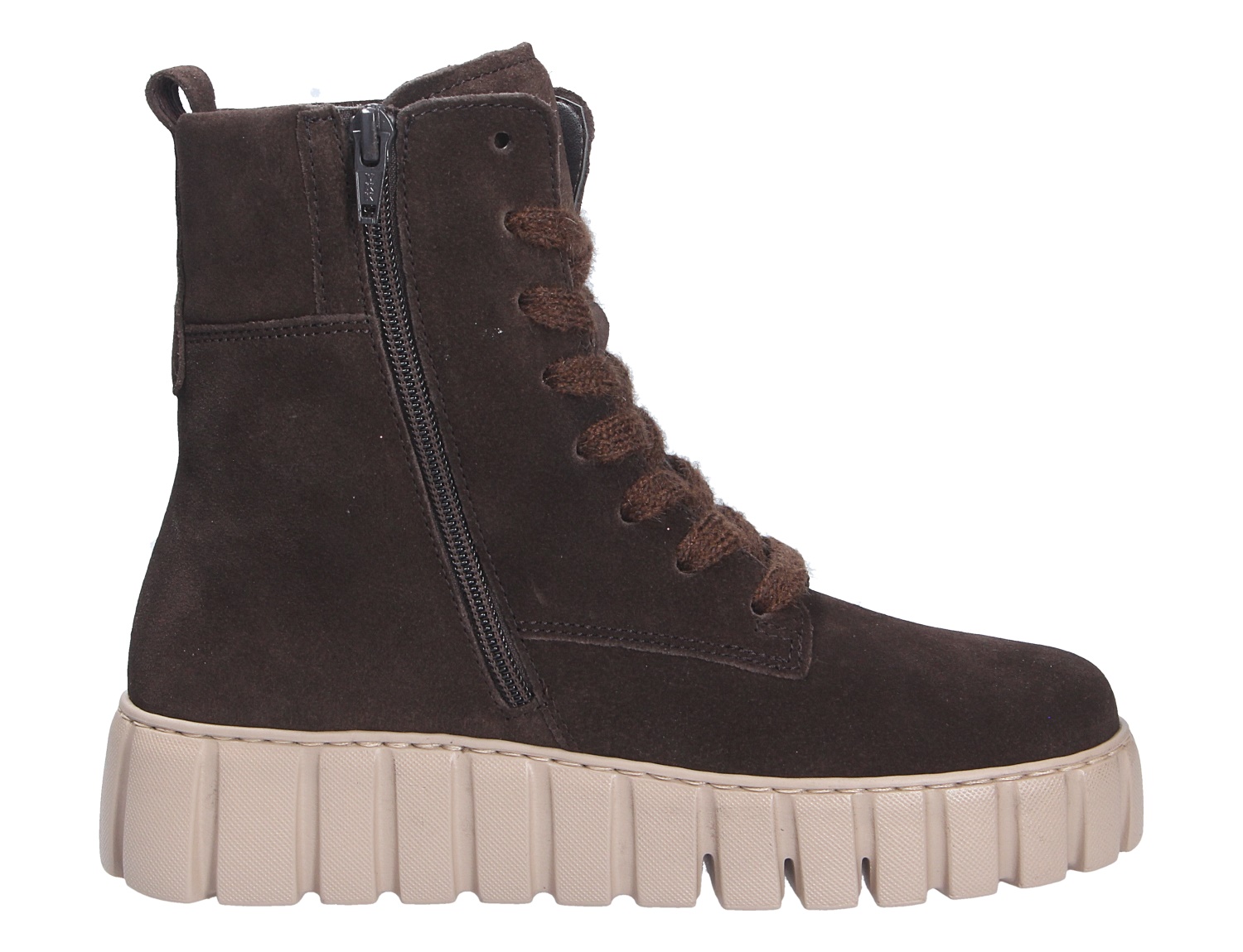 Gabor Damen Stiefel in Braun aus Veloursleder, seitliche Ansicht mit Schnürung, Reißverschluss und heller Profilsohle