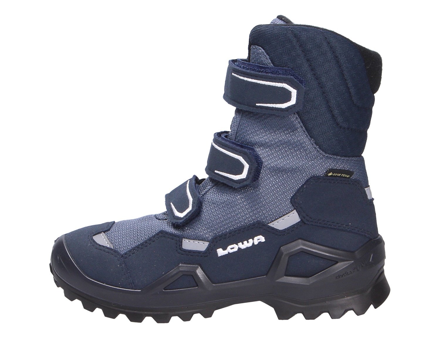 Lowa MILO EVO GTX HI JR, hoher wasserdichter Kinder-Winterstiefel mit GORE-TEX, Klettverschlüssen und griffiger Sohle in Blau, Seitenansicht