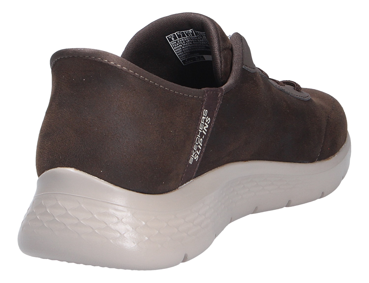 Rückansicht des braunen Skechers Go Walk Flex Sneakers mit weichem Obermaterial und heller, flexibler Laufsohle