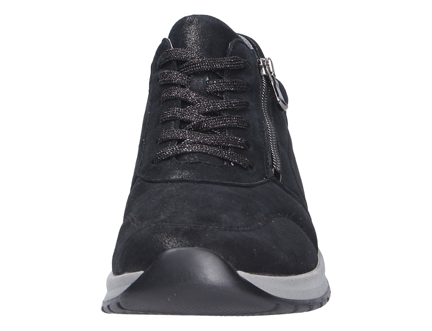 Vorderansicht des schwarzen Waldläufer H-Inessa Sneakers aus Veloursleder mit Schnürung, seitlichem Reißverschluss und sportlicher Sohle