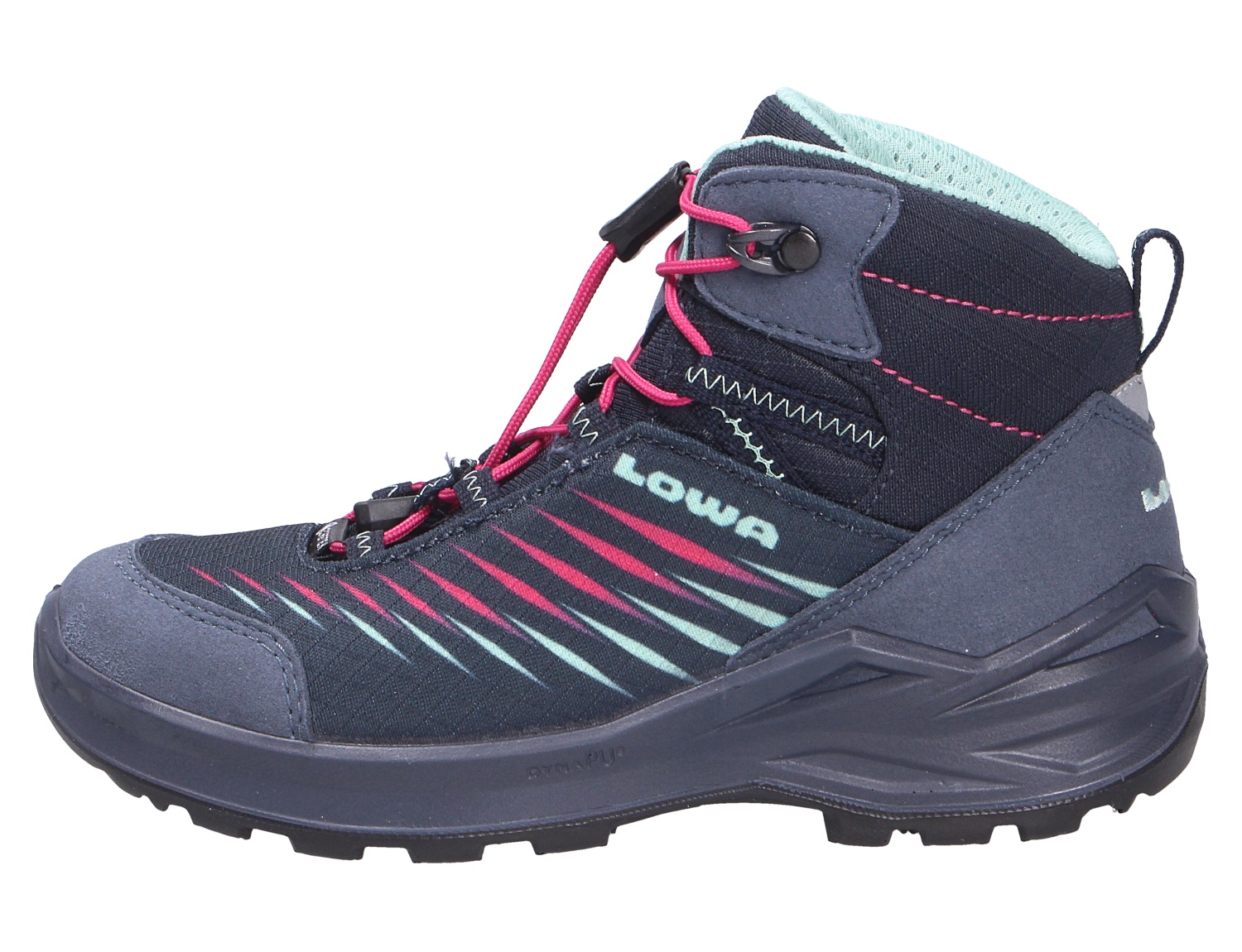 Seitliche Ansicht des Lowa ZIRROX II GTX MID JR Kinder-Wanderschuhs in Dunkelblau mit pinken Schnürsenkeln, mintfarbenen Details und robuster Profilsohle.