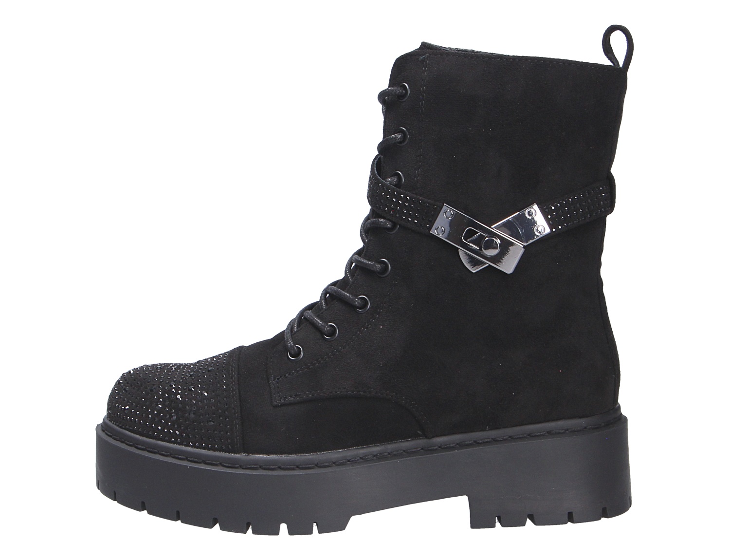 La Strada Damen Stiefel, schwarze Schnürstiefel mit Strassbesatz, Zierriemen mit Metallschließe und robuster Profilsohle
