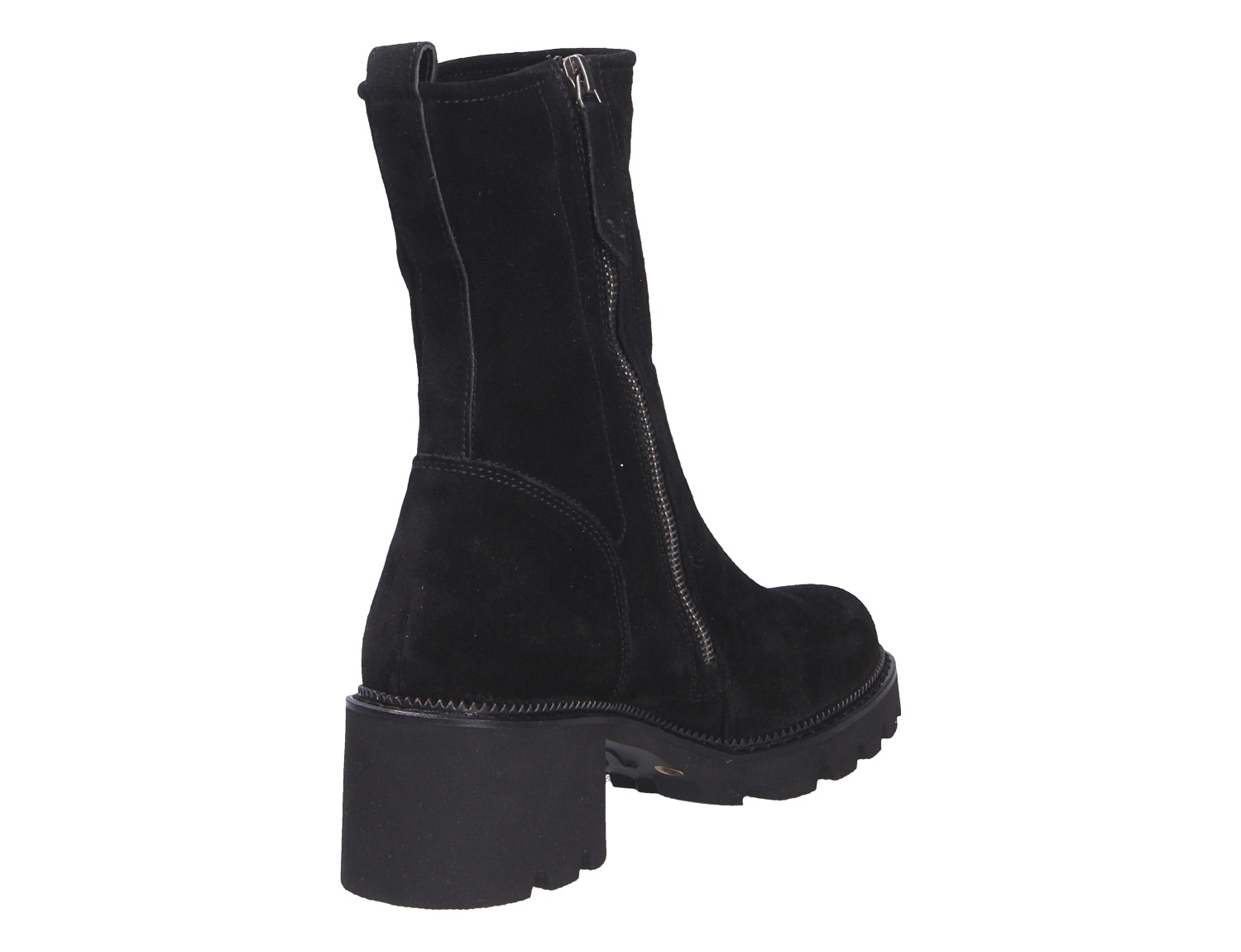 Paul Green Damen Stiefel in Schwarz aus Veloursleder, seitliche Rückansicht mit Reißverschluss, Profilsohle und hohem Blockabsatz