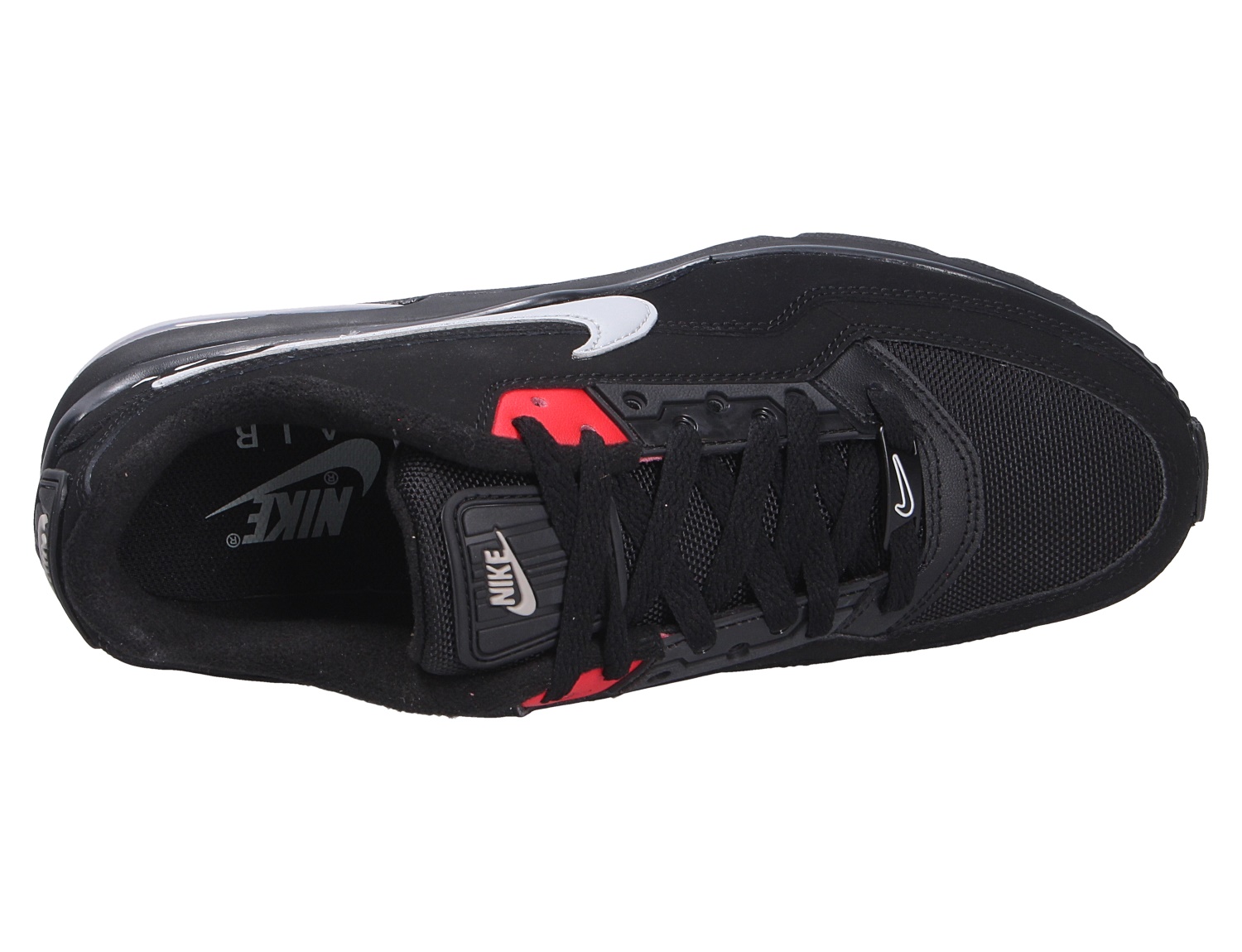 Nike Air Max LTD 3 Sneaker, schwarze Oberansicht mit weißem Swoosh, schwarzer Schnürung und roten Akzenten