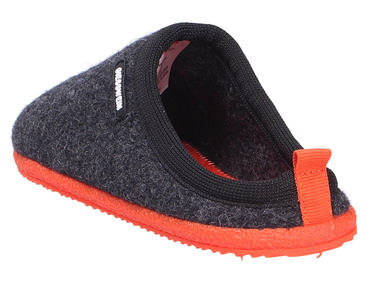 Giesswein WOOLPOPS bequemer Woll-Hausschuh in Dunkelgrau mit schwarzem Rand, roter Sohle und orangefarbener Zuglasche