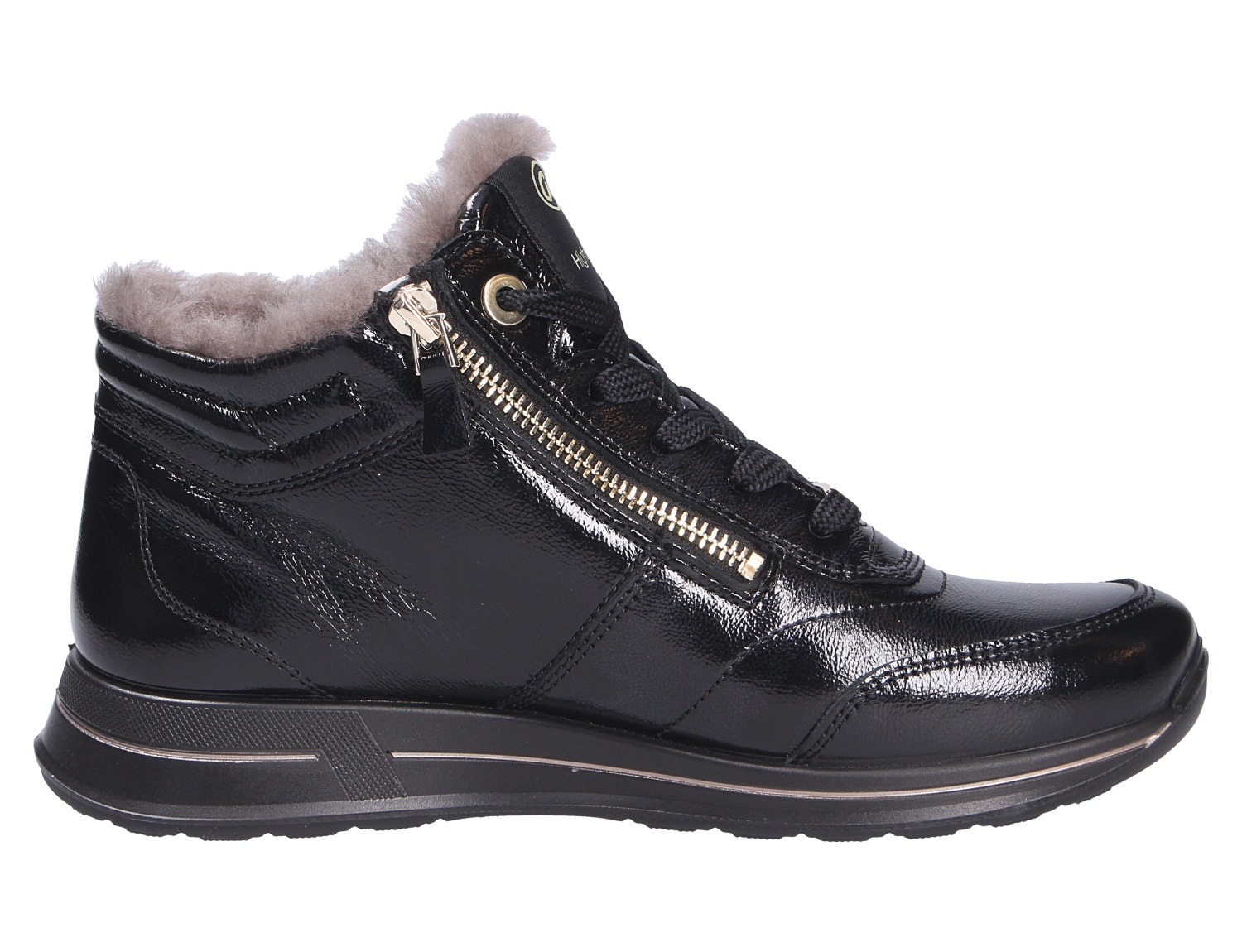 Ara OSAKA Damen-Sneakerboot aus schwarzem Lackleder mit Schnürung, seitlichem Reißverschluss und weichem Warmfutter