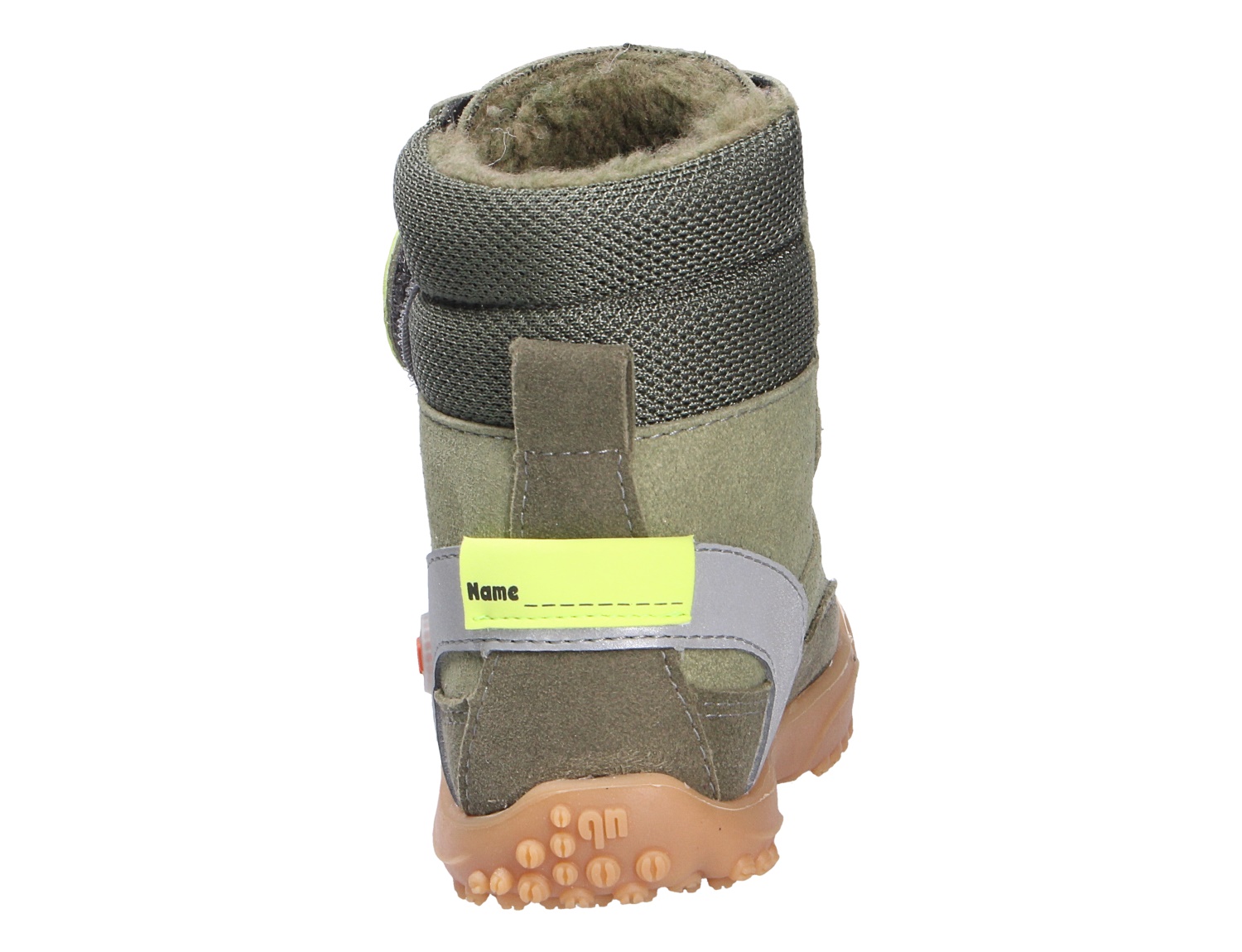 Ricosta Jungen Stiefel in Khaki, Rückansicht eines gefütterten Winterstiefels mit robuster Sohle und reflektierendem Detail