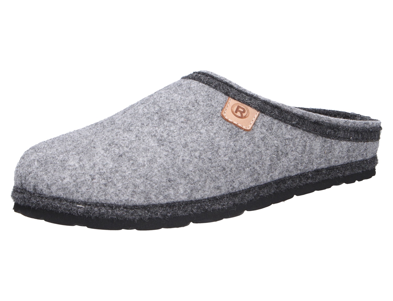 Rohde Herren Hausschuhe aus grauem Filz, offener Slipper mit dunklem Rand und schwarzer Laufsohle