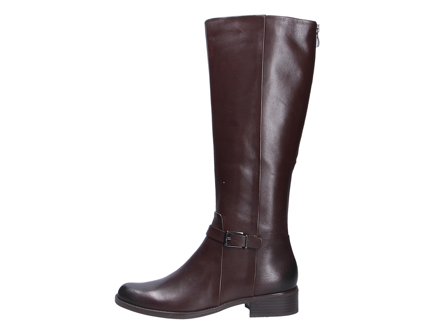 Caprice Damen Stiefel in Dunkelbraun, kniehoher Lederstiefel mit Zierschnalle und Blockabsatz in Seitenansicht