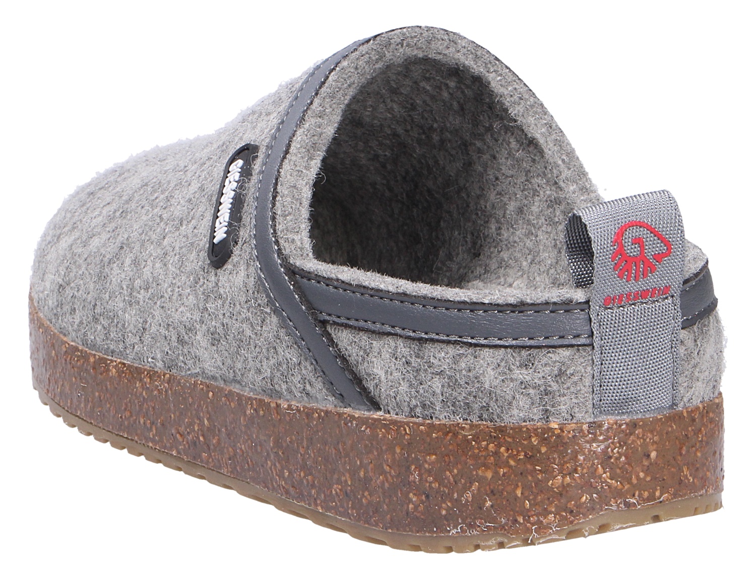 Rückansicht des Giesswein WOOL CLOG: grauer Hausschuh aus Wolle mit Korksohle und Fersenschlaufe
