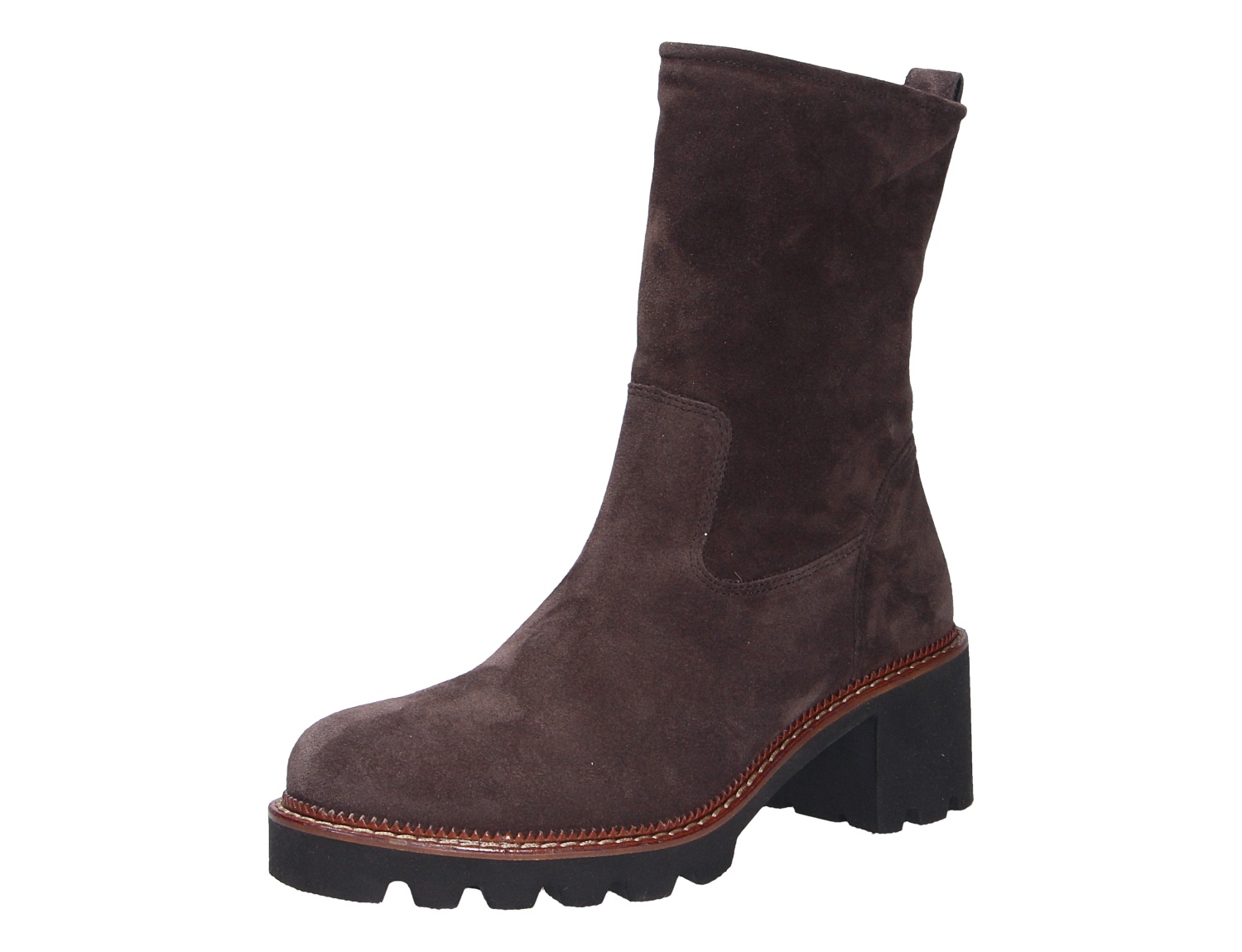 Paul Green Damen Stiefel in Braun aus Veloursleder, halbhoch mit Blockabsatz, Plateau und markanter Profilsohle