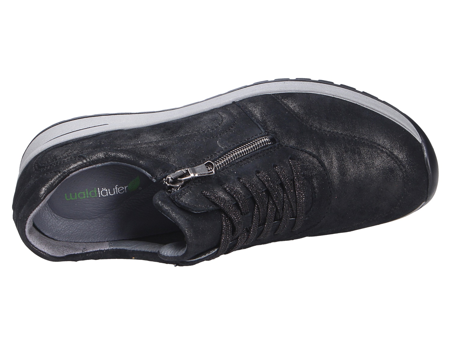 Draufsicht auf den schwarzen Waldläufer H-Inessa Damen-Sneaker mit seitlichem Reißverschluss, Schnürung und heller Laufsohle
