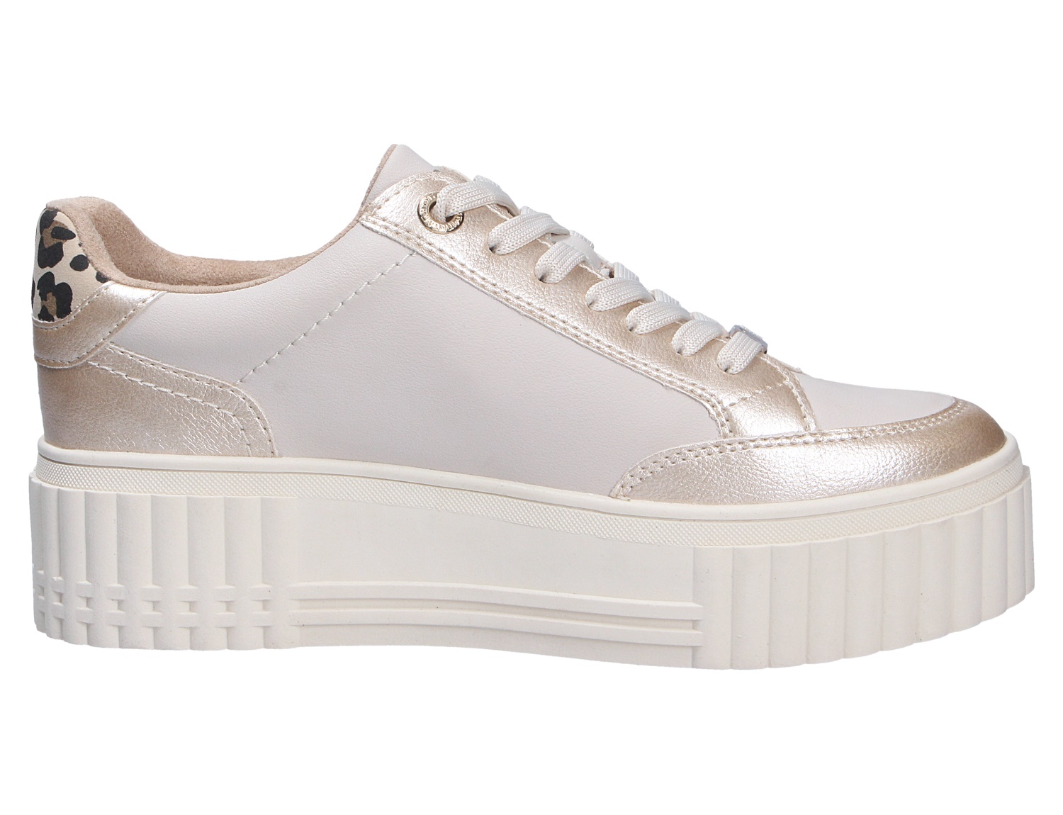 Marco Tozzi Damen Sneaker, weißer Plateausneaker mit goldfarbenen Metallic-Details, Schnürung und gemustertem Fersenakzent