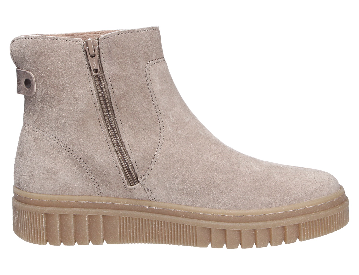 Gabor Damen Stiefel aus beigem Veloursleder, knöchelhoch mit seitlichem Reißverschluss und markanter Profilsohle