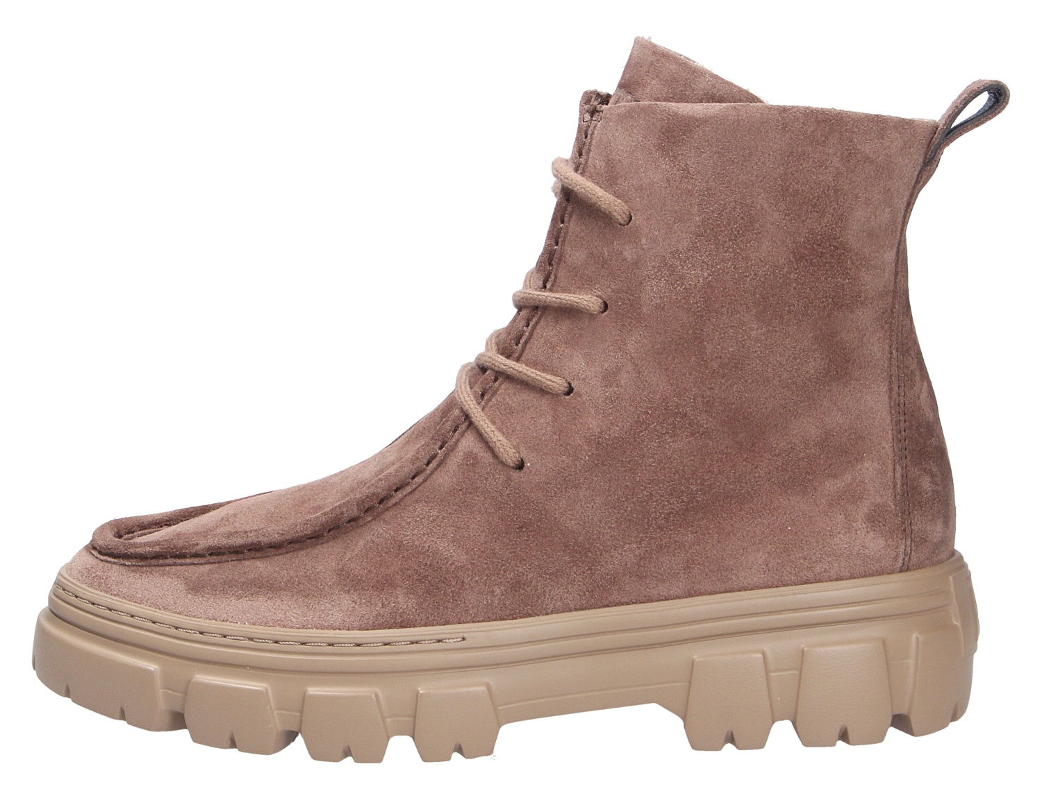 Seitenansicht der Paul Green Damen Schnürschuhe in Taupe aus Veloursleder mit hohem Schaft, Schnürung und markanter Profilsohle