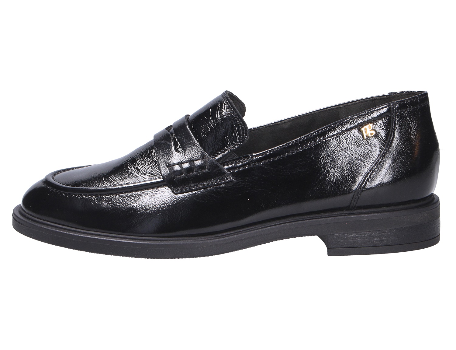 Paul Green Damen Slipper, schwarzer Loafer aus glänzendem Leder mit flachem Absatz und klassischer Lasche in Seitenansicht