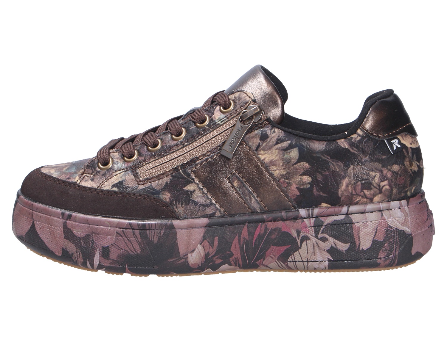 Seitliche Ansicht der Rieker Damen Schnürschuhe in Braun mit floralem Muster, Schnürung, Reißverschluss und gemusterter Plateausohle