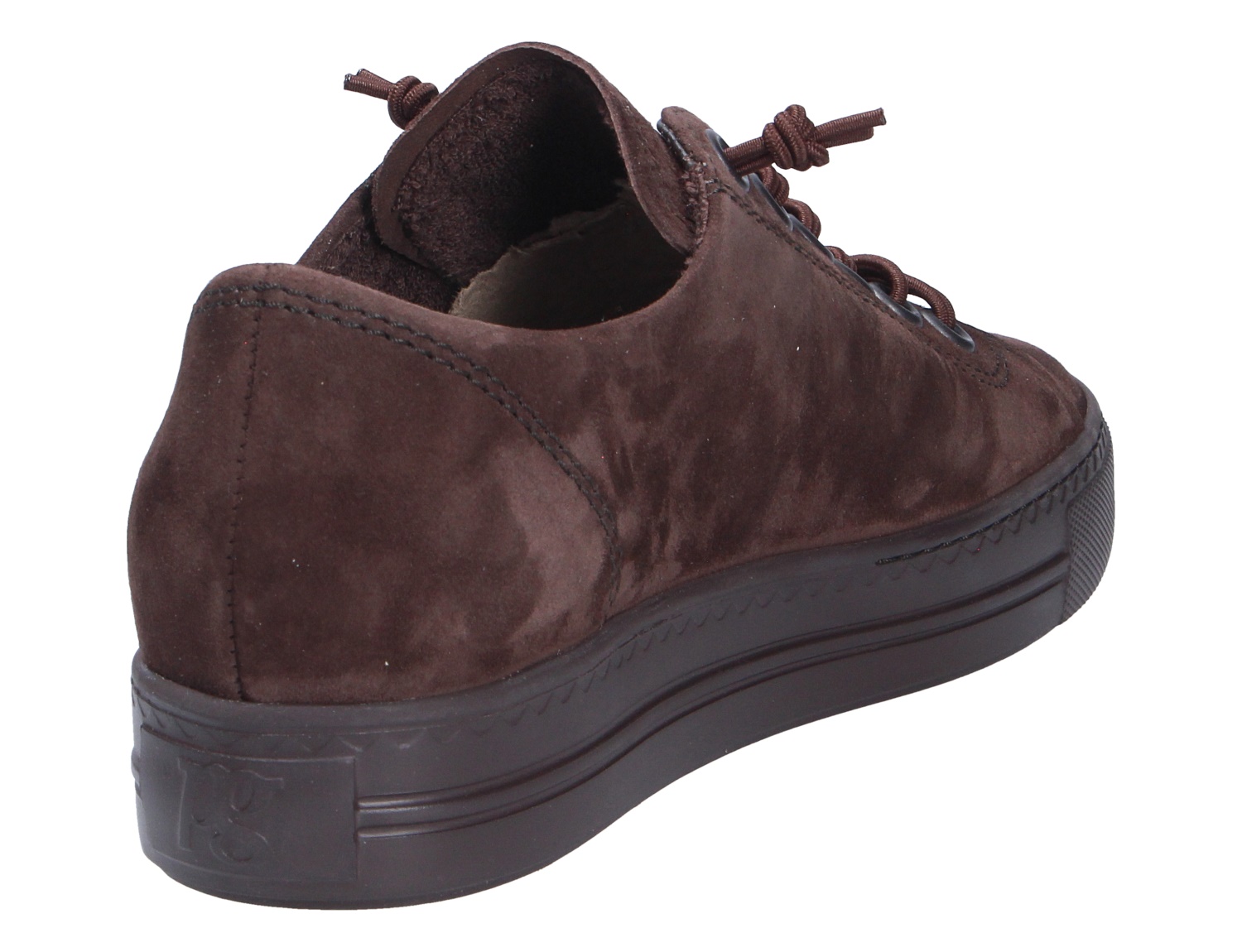 Rückansicht des Paul Green 4081 Sneakers aus braunem Veloursleder mit Schnürung und dunkler Plateausohle von Paul Green
