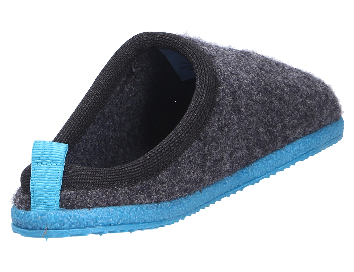 Giesswein WOOLPOPS Hausschuh aus Filzwolle in Dunkelgrau mit hellblauer Sohle, seitliche Rückansicht