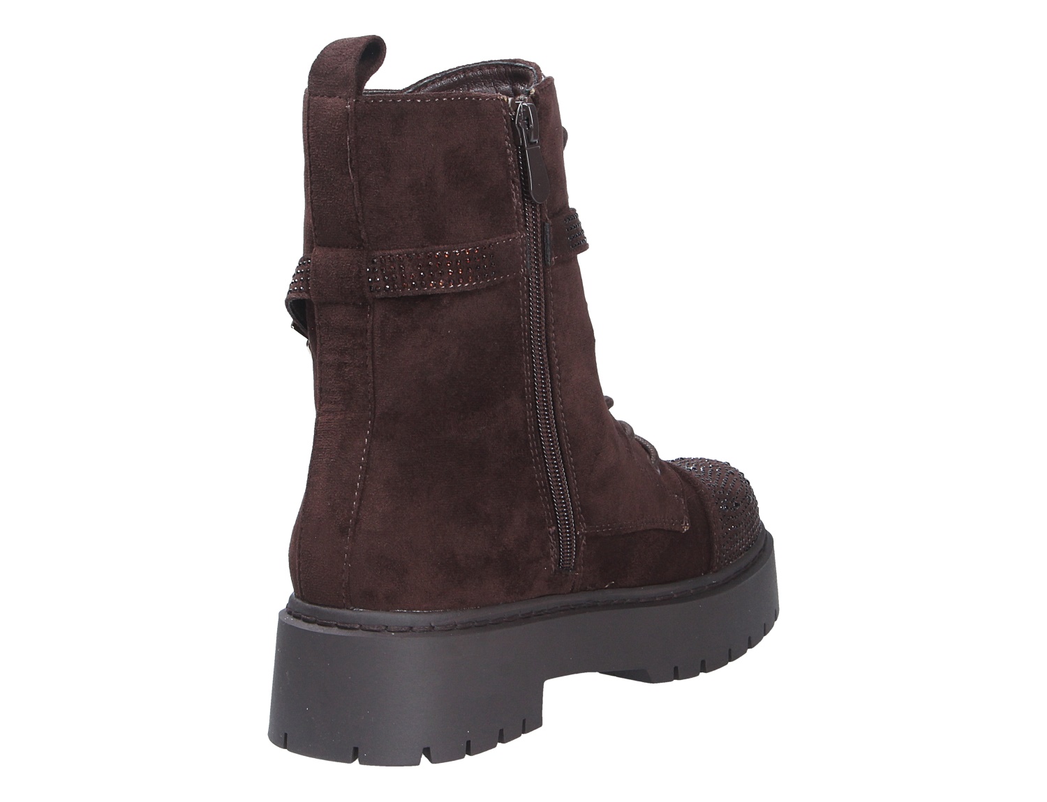 La Strada Damen Stiefel aus braunem Veloursleder-Look, Rückansicht mit seitlichem Reißverschluss, Zierband und markanter Profilsohle